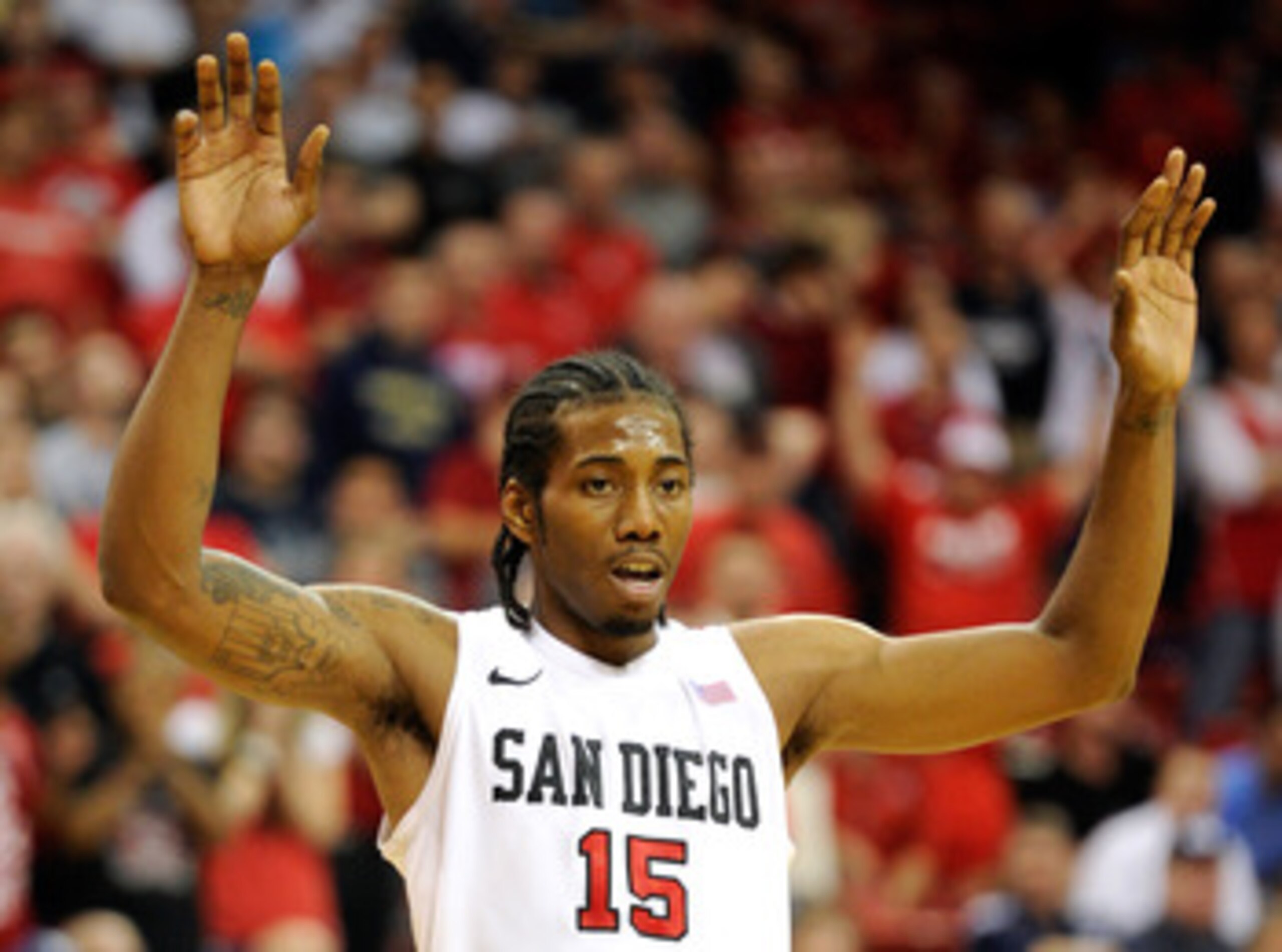 LAS VEGAS, NV - MARCH 11:  Kawhi Leonard #15 of the San Diego State Aztecs waits for a UNLV Rebels player to shoot a free throw during a semifinal game of the Conoco Mountain West Conference Basketball tournament at the Thomas & Mack Center March 11, 2011