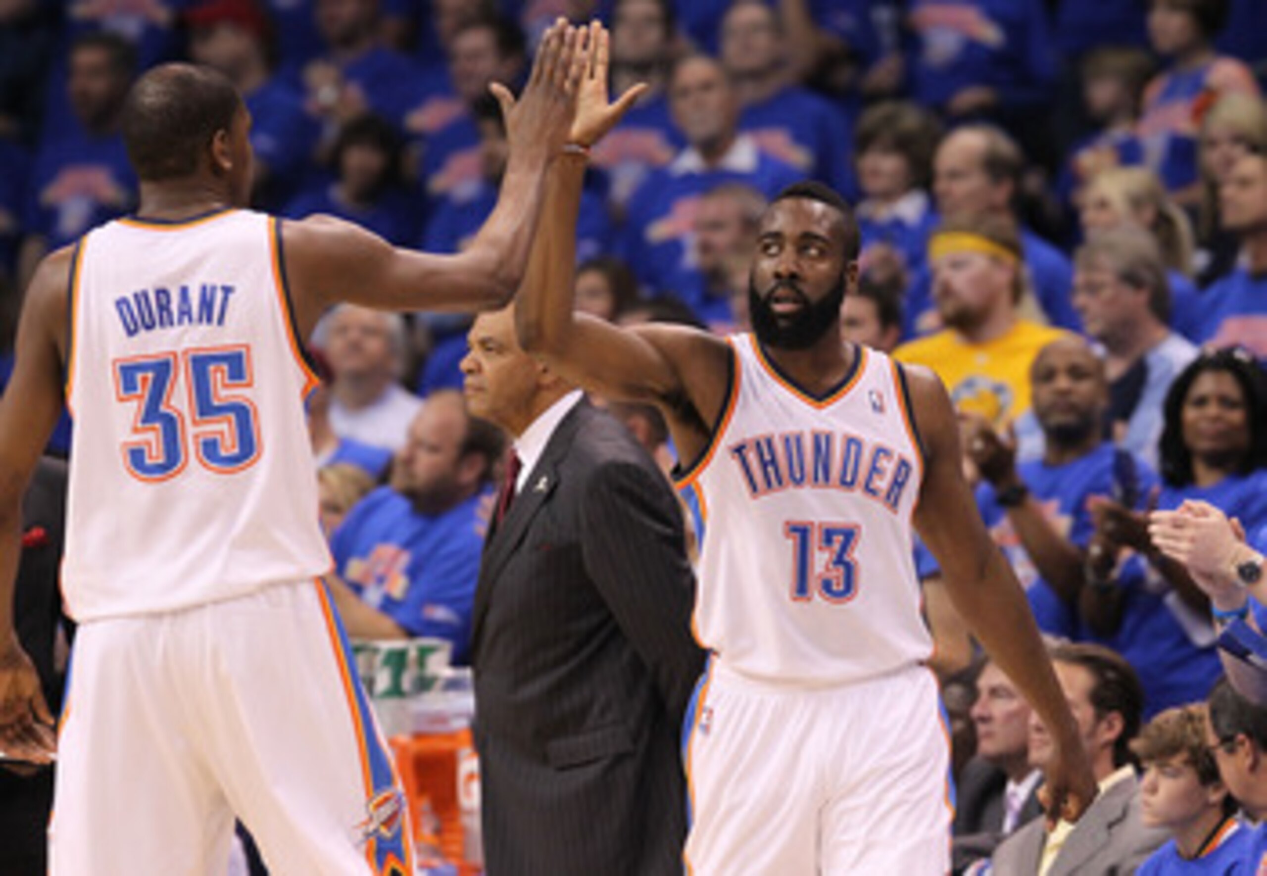 OKLAHOMA CITY, OK - MAY 15:  Forward Kevin Durant #35 and James Harden #13 of the Oklahoma City Thunder react against the Memphis Grizzlies in Game Seven of the Western Conference Semifinals in the 2011 NBA Playoffs on May 15, 2011 at Oklahoma City Arena 