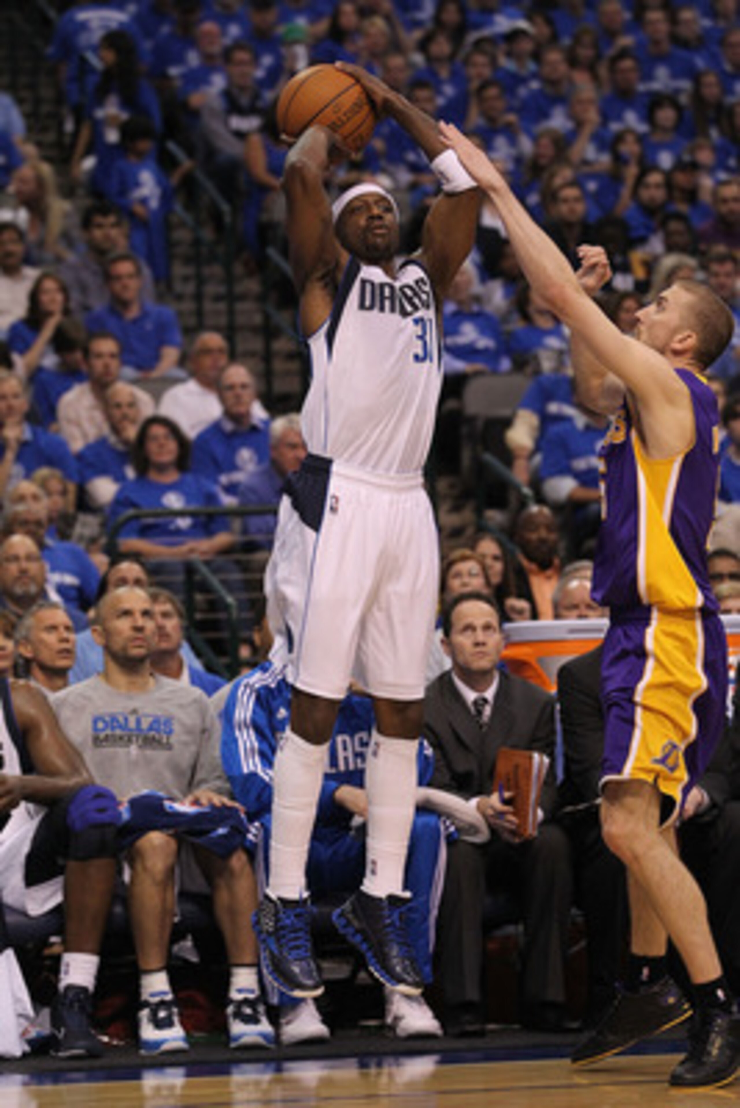 DALLAS, TX - MAY 06:  Guard Jason Terry #31 of the Dallas Mavericks takes a shot against Steve Blake #5 of the Los Angeles Lakers in Game Three of the Western Conference Semifinals during the 2011 NBA Playoffs on May 6, 2011 at American Airlines Center in