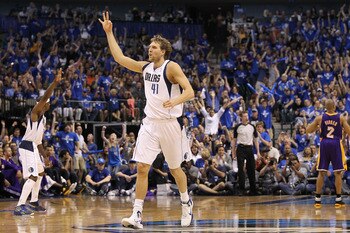 DALLAS, TX - MAY 06:  Forward Dirk Nowitzki #41 of the Dallas Mavericks reacts after making a three-point shot against the Los Angeles Lakers in Game Three of the Western Conference Semifinals during the 2011 NBA Playoffs on May 6, 2011 at American Airlin