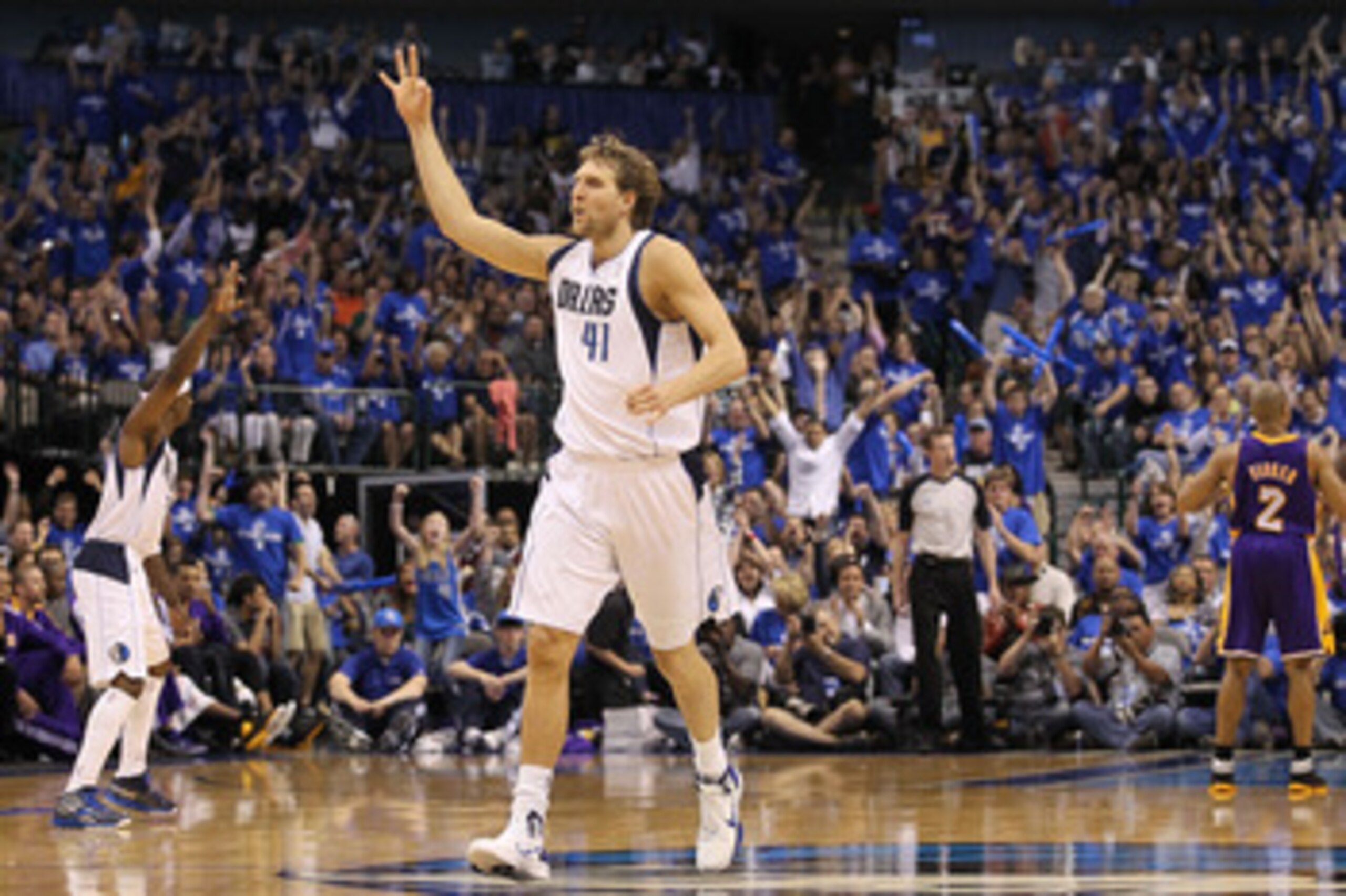 DALLAS, TX - MAY 06:  Forward Dirk Nowitzki #41 of the Dallas Mavericks reacts after making a three-point shot against the Los Angeles Lakers in Game Three of the Western Conference Semifinals during the 2011 NBA Playoffs on May 6, 2011 at American Airlin