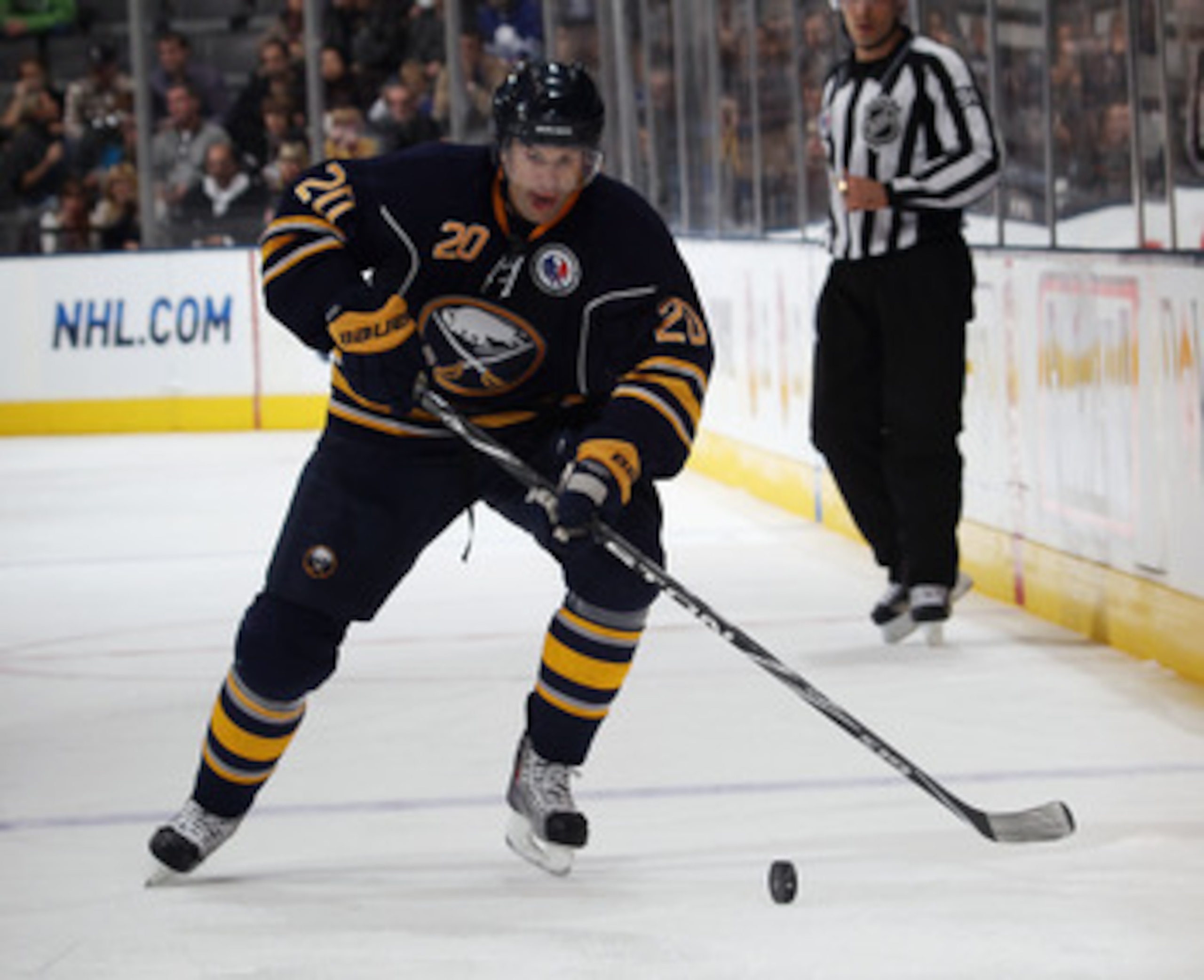 TORONTO, ON - NOVEMBER 06:  Rob Niedermayer #20 of the Buffalo Sabres skates against the Toronto Maple Leaf at the Air Canada Centre on November 6, 2010 in Toronto, Canada.  (Photo by Bruce Bennett/Getty Images)