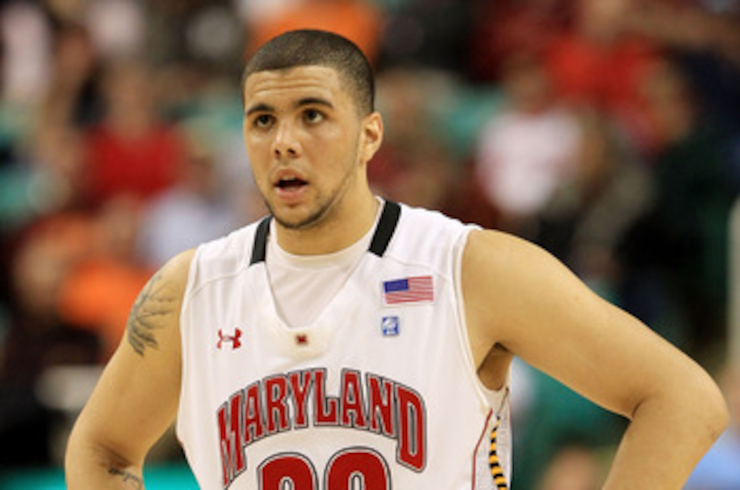 GREENSBORO, NC - MARCH 10:  Jordan Williams #20 of the Maryland Terrapins looks on while playing against the North Carolina State Wolfpack during the first round of the 2011 ACC men's basketball tournament at the Greensboro Coliseum on March 10, 2011 in G