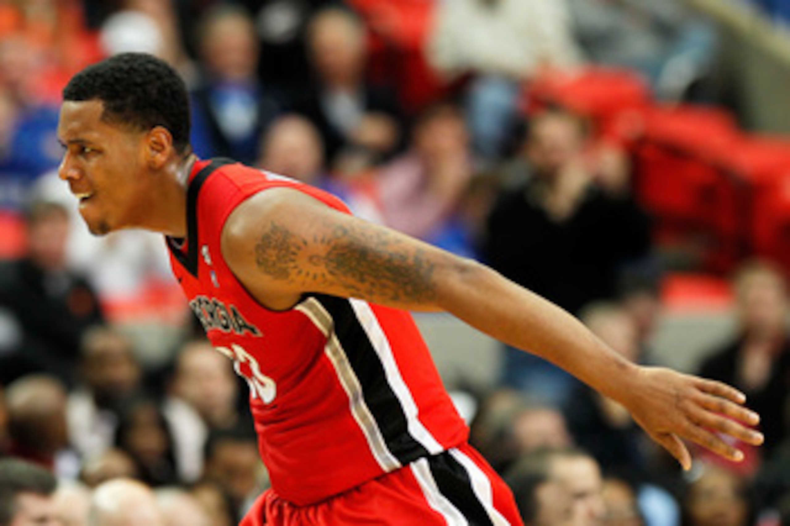 ATLANTA, GA - MARCH 11:  Trey Thompkins #33 of the Georgia Bulldogs celebrates after hitting a 3 point shot against the Alabama Crimson Tide during the quarterfinals of the SEC Men's Basketball Tournament at Georgia Dome on March 11, 2011 in Atlanta, Geor