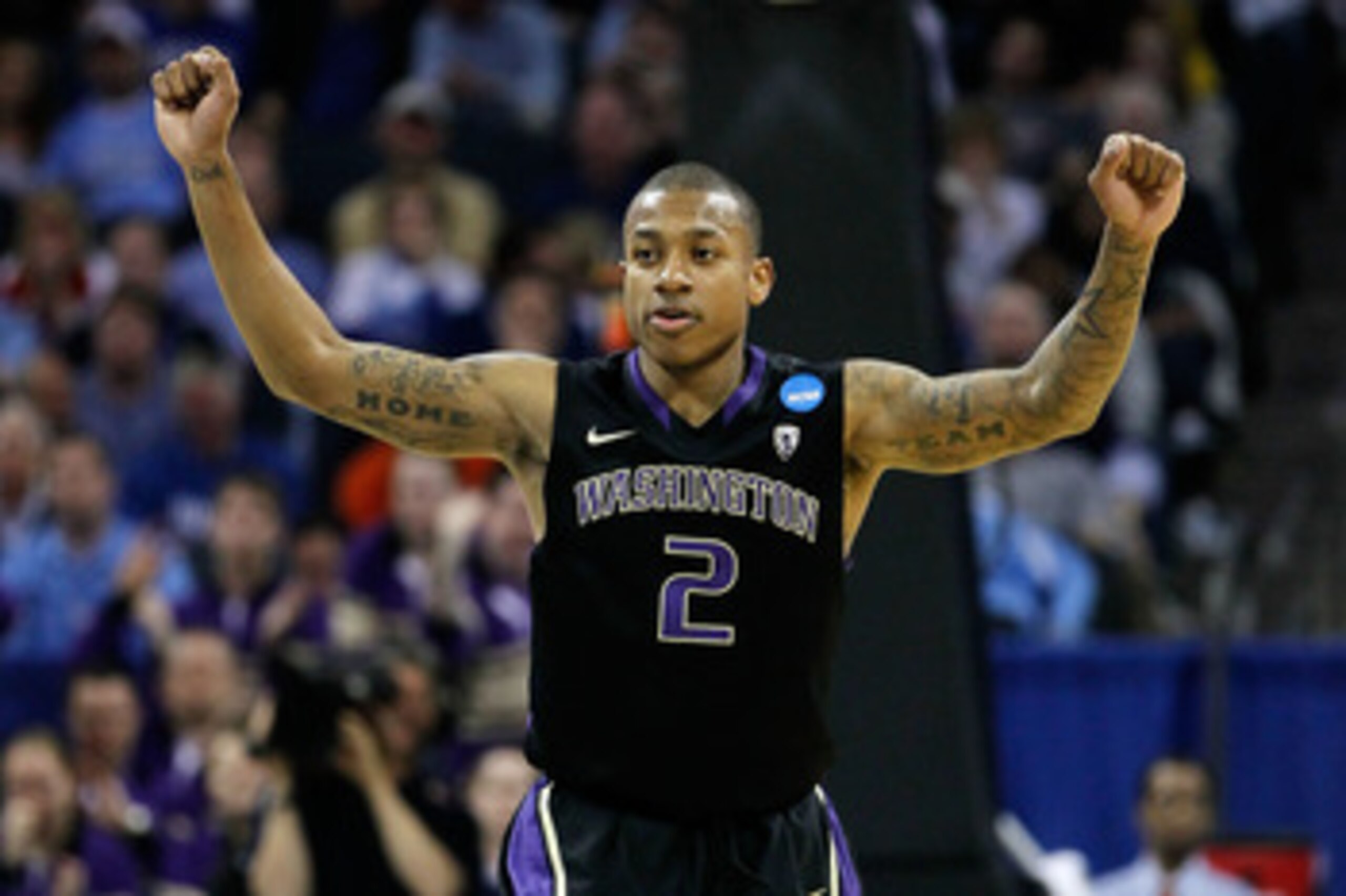 CHARLOTTE, NC - MARCH 20:  Isaiah Thomas #2 of the Washington Huskies reacts while taking on the North Carolina Tar Heels during the third round of the 2011 NCAA men's basketball tournament at Time Warner Cable Arena on March 20, 2011 in Charlotte, North 