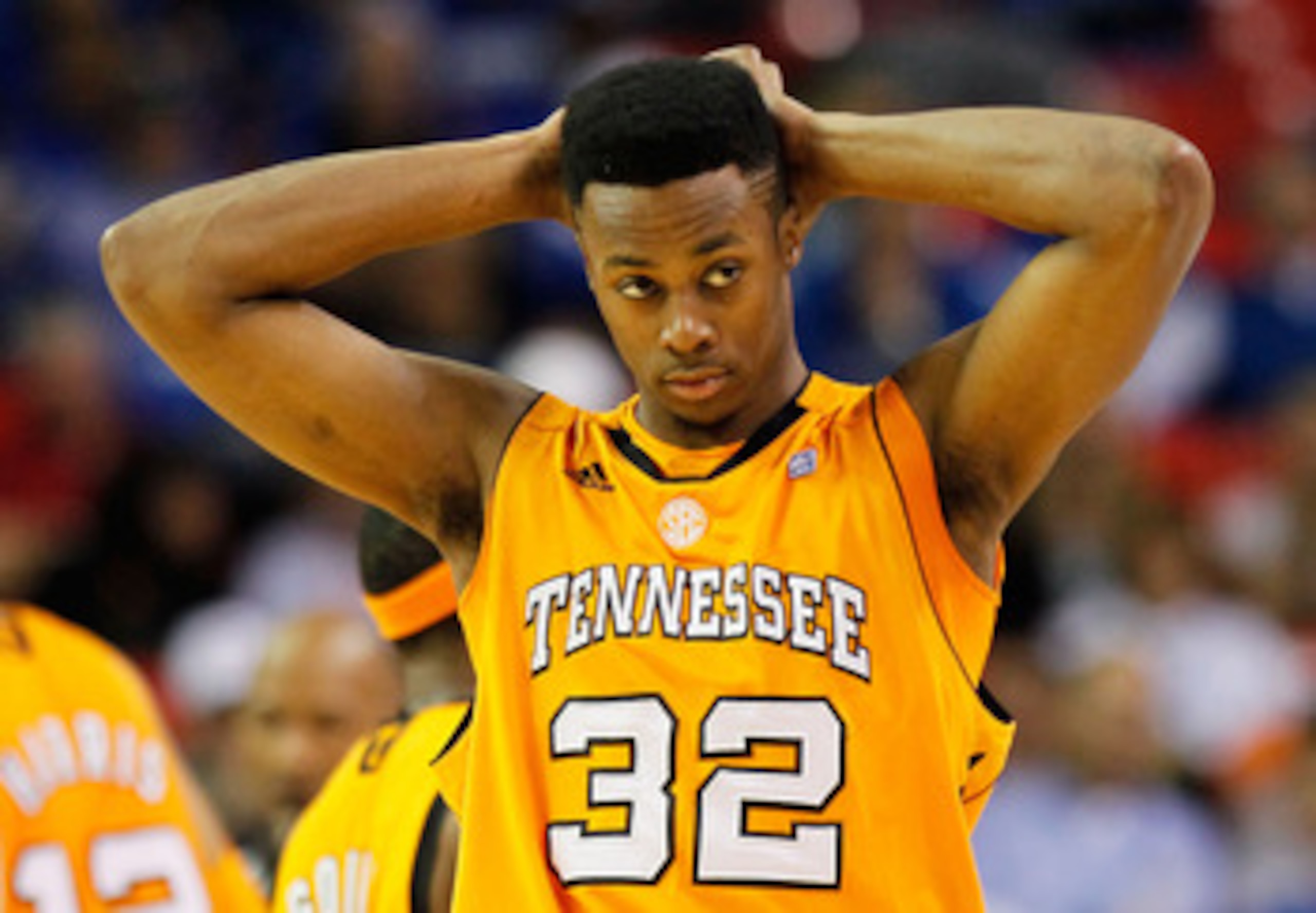 ATLANTA, GA - MARCH 11:  Scotty Hopson #32 of the Tennessee Volunteers reacts during their game against the Florida Gators in the quarterfinals of the SEC Men's Basketball Tournament at Georgia Dome on March 11, 2011 in Atlanta, Georgia.  (Photo by Kevin 