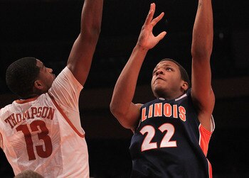 NEW YORK - NOVEMBER 18: Jereme Richmond #22 of the Illinois Fighting Illini shoots over Tristan Thompson #13 of the Texas Longhorns during the 2k Sports Classic at Madison Square Garden on November 18, 2010 in New York, New York.  (Photo by Chris McGrath/