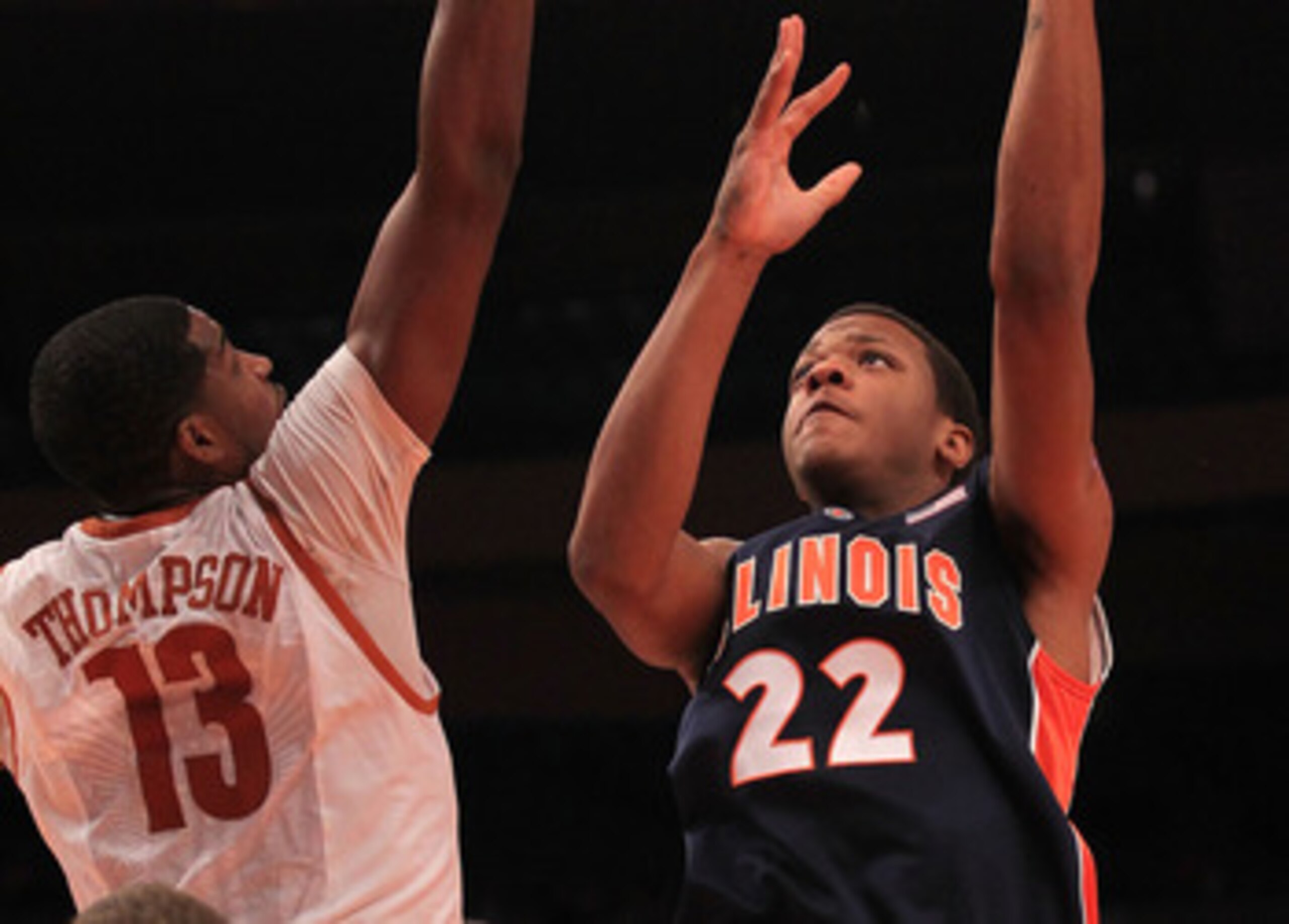 NEW YORK - NOVEMBER 18: Jereme Richmond #22 of the Illinois Fighting Illini shoots over Tristan Thompson #13 of the Texas Longhorns during the 2k Sports Classic at Madison Square Garden on November 18, 2010 in New York, New York.  (Photo by Chris McGrath/