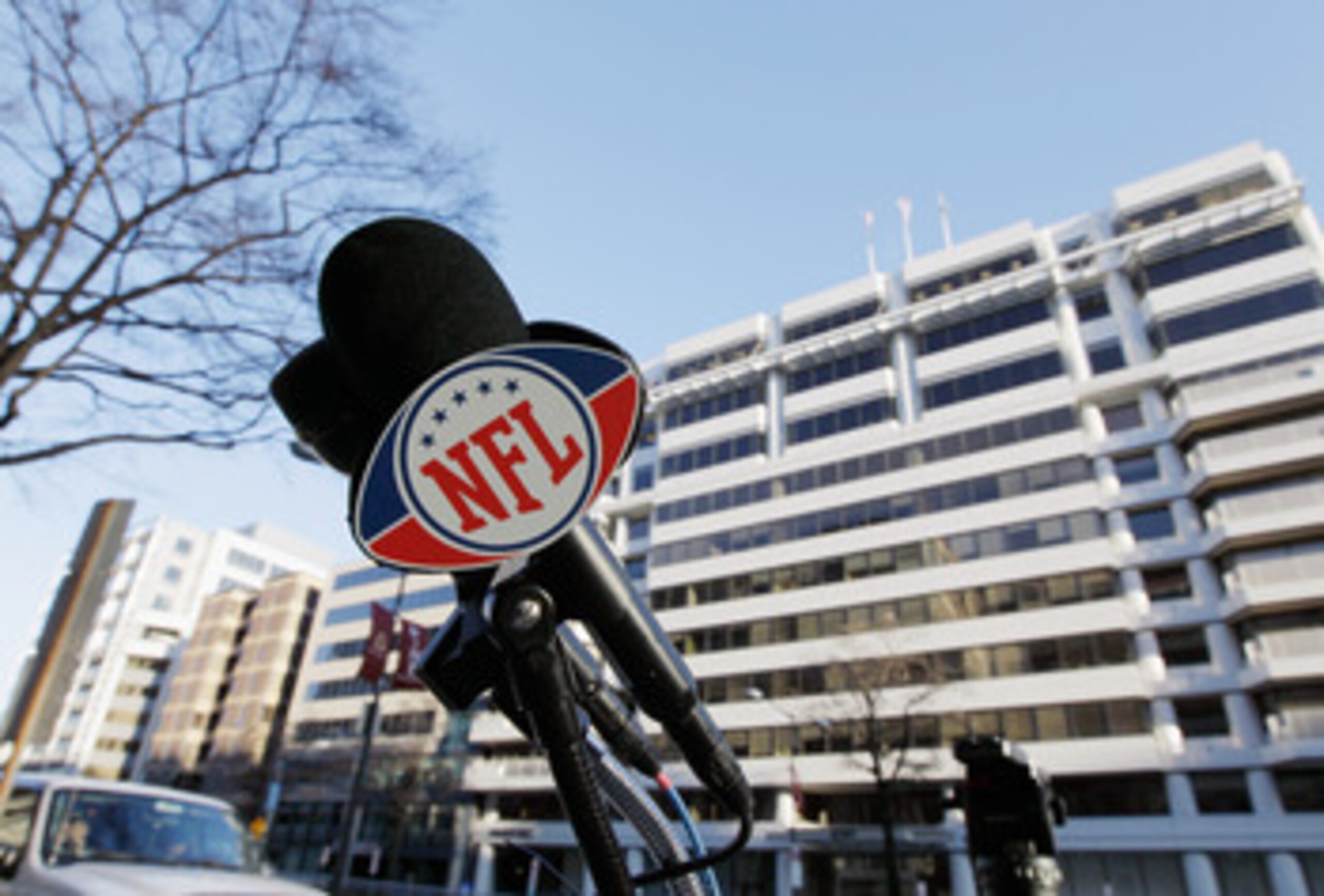 WASHINGTON, DC - MARCH 07: An NFL logo on a microphone is seen before the start of  negotiations at the Federal Mediation and Conciliation Service building  March 7, 2011 in Washington, DC. Representatives from the National Football League (NFL) and Natio