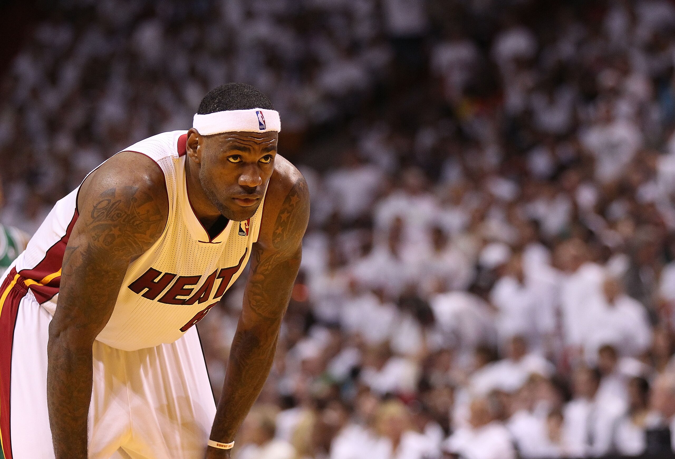 MIAMI, FL - MAY 01:  LeBron James #6 of the Miami Heat looks on during Game One of the Eastern Conference Semifinals of the 2011 NBA Playoffs against the Boston Celtics at American Airlines Arena on May 1, 2011 in Miami, Florida. NOTE TO USER: User expres