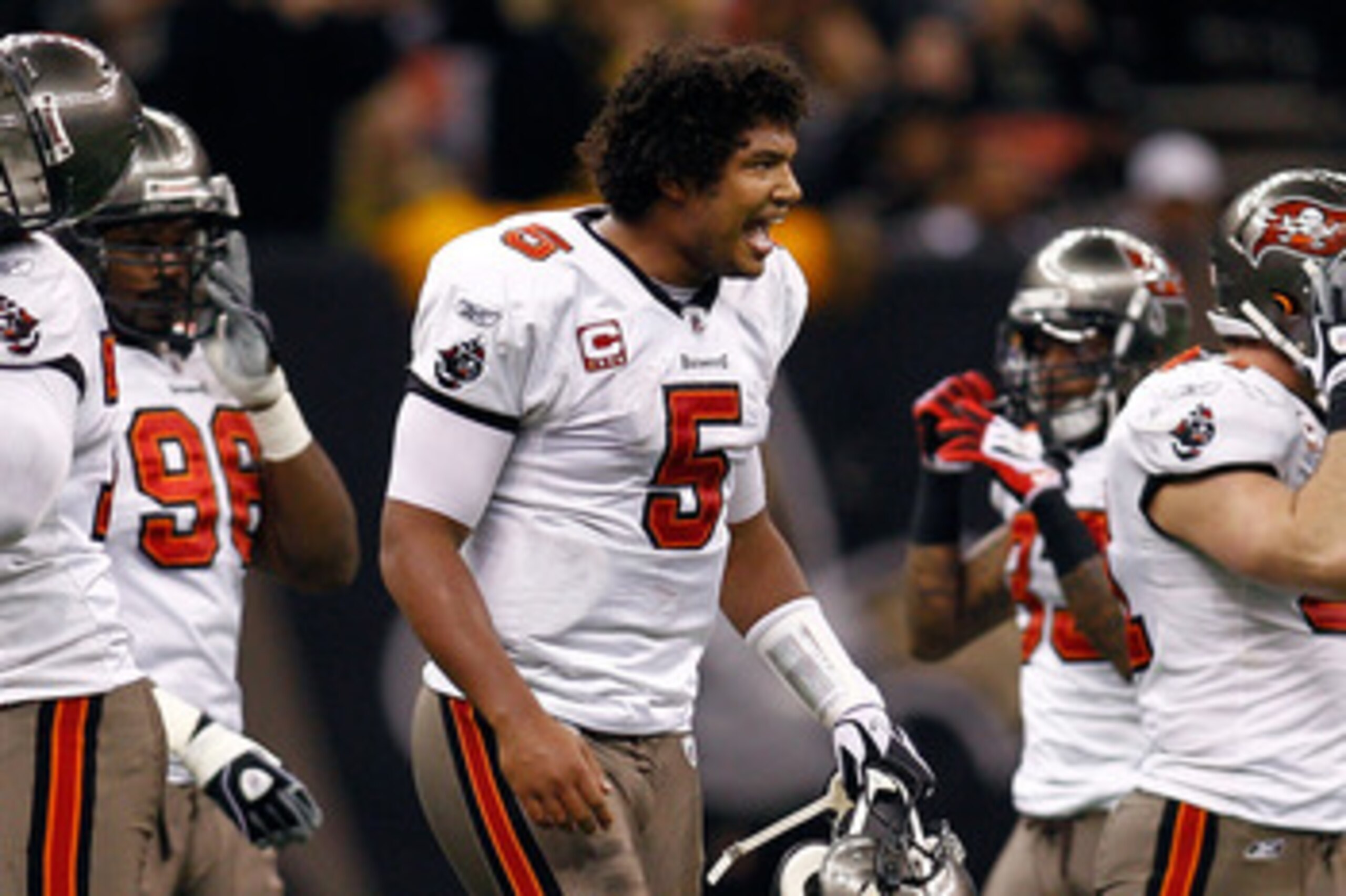 NEW ORLEANS, LA - JANUARY 02:  Josh Freeman #5 of the Tampa Bay Buccaneers reacts to being sacked during the game against the New Orleans Saints at the Louisiana Superdome on January 2, 2011 in New Orleans, Louisiana.  (Photo by Chris Graythen/Getty Image