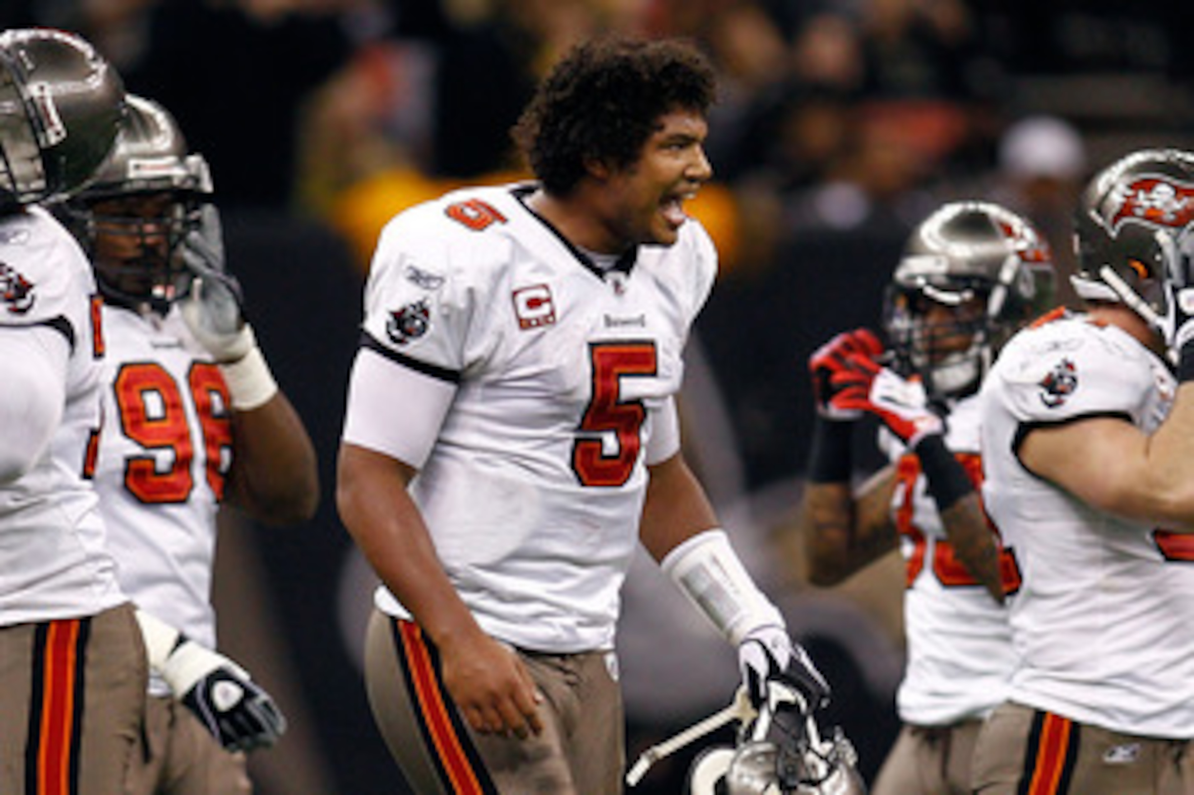 NEW ORLEANS, LA - JANUARY 02:  Josh Freeman #5 of the Tampa Bay Buccaneers reacts to being sacked during the game against the New Orleans Saints at the Louisiana Superdome on January 2, 2011 in New Orleans, Louisiana.  (Photo by Chris Graythen/Getty Image