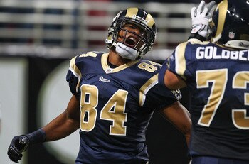 ST. LOUIS - OCTOBER 17: Danario Alexander #84 of the St. Louis Rams celebrates his first career touchdown against the San Diego Chargers at the Edward Jones Dome on October 17, 2010 in St. Louis, Missouri.  The Rams beat the Chargers 20-17.  (Photo by Dil