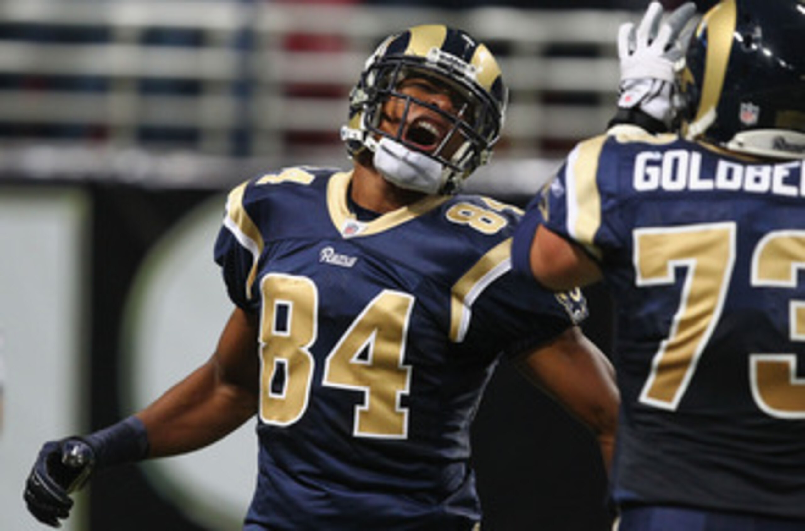 ST. LOUIS - OCTOBER 17: Danario Alexander #84 of the St. Louis Rams celebrates his first career touchdown against the San Diego Chargers at the Edward Jones Dome on October 17, 2010 in St. Louis, Missouri.  The Rams beat the Chargers 20-17.  (Photo by Dil