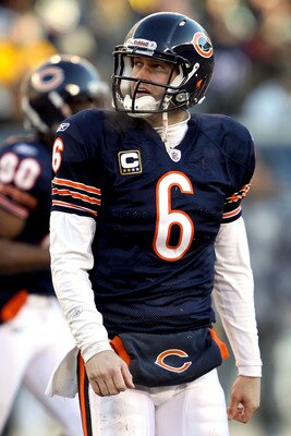 CHICAGO, IL - JANUARY 23: Quarterback Jay Cutler #6 of the Chicago Bears reacts in the second quarter against the Green Bay Packers in the NFC Championship Game at Soldier Field on January 23, 2011 in Chicago, Illinois. (Photo by Jonathan Daniel/Getty I CHICAGO, IL - JANUARY 23: Quarterback Jay Cutler #6 of the Chicago Bears reacts in the second quarter against the Green Bay Packers in the NFC Championship Game at Soldier Field on January 23, 2011 in Chicago, Illinois. (Photo by Jonathan Daniel/Getty I