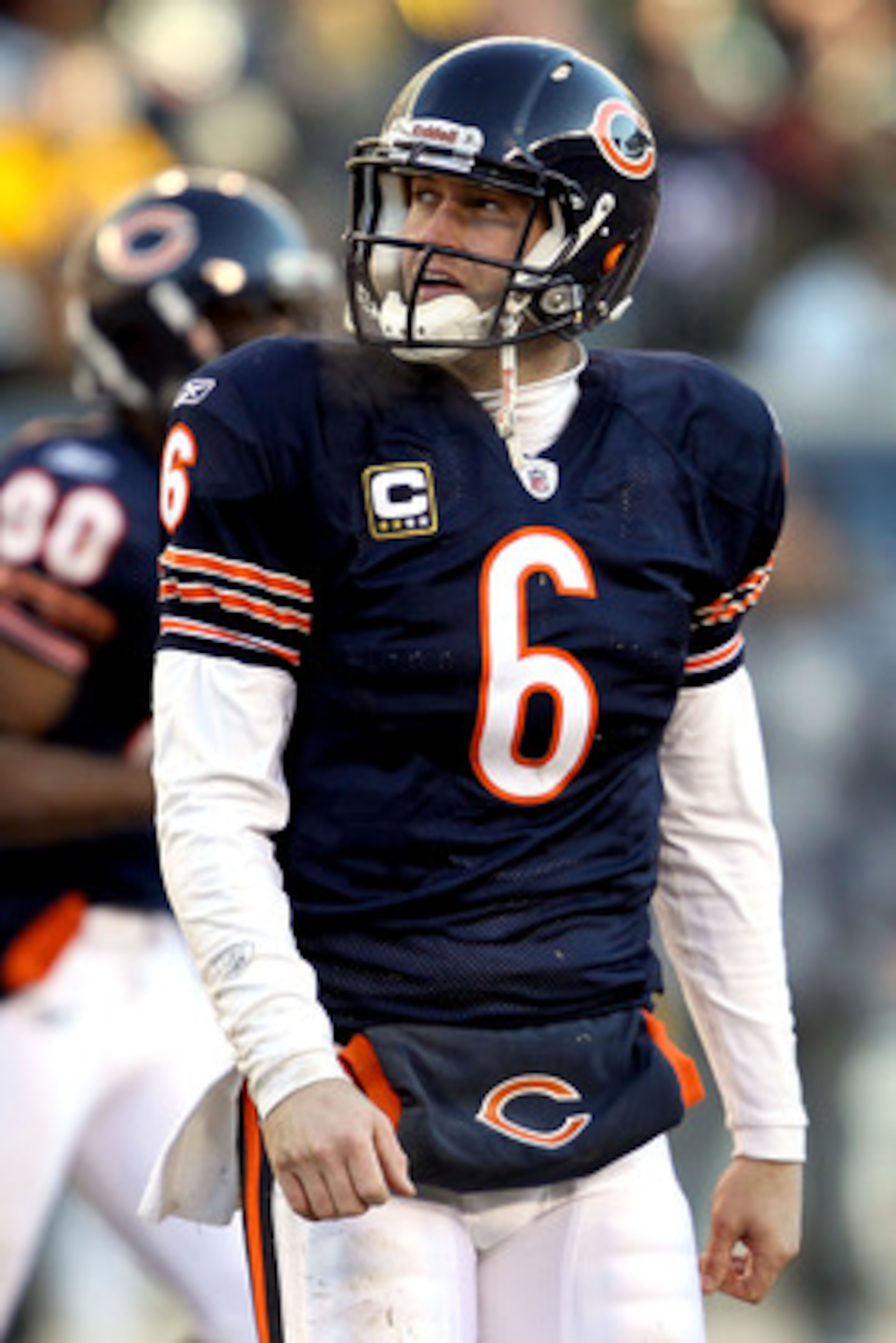 CHICAGO, IL - JANUARY 23:  Quarterback Jay Cutler #6 of the Chicago Bears reacts in the second quarter against the Green Bay Packers in the NFC Championship Game at Soldier Field on January 23, 2011 in Chicago, Illinois.  (Photo by Jonathan Daniel/Getty I