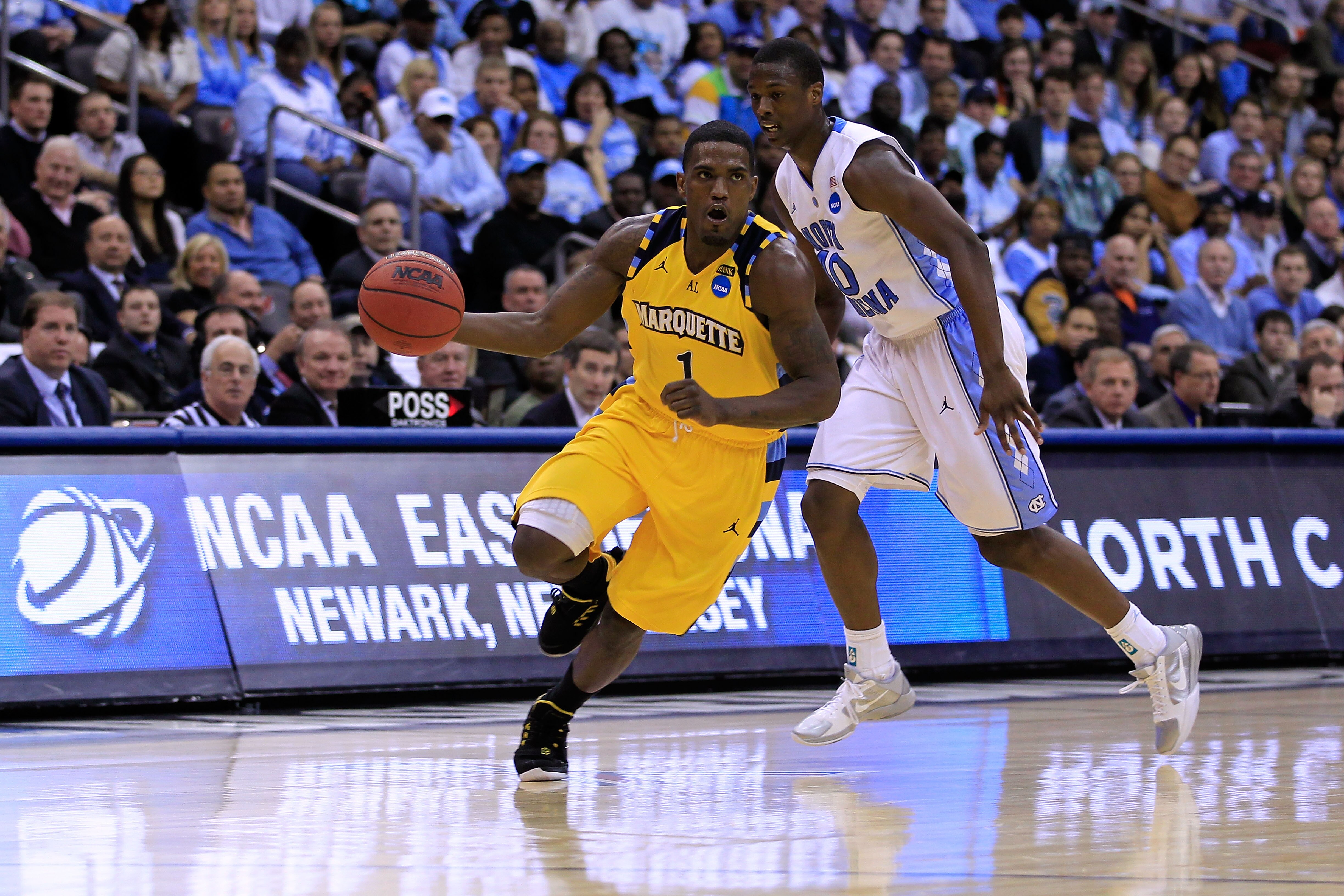 NEWARK, NJ - MARCH 25:  Darius Johnson-Odom #1 of the Marquette Golden Eagles in action against the North Carolina Tar Heels during the east regional semifinal of the 2011 NCAA Men's Basketball Tournament at the Prudential Center on March 25, 2011 in Newa