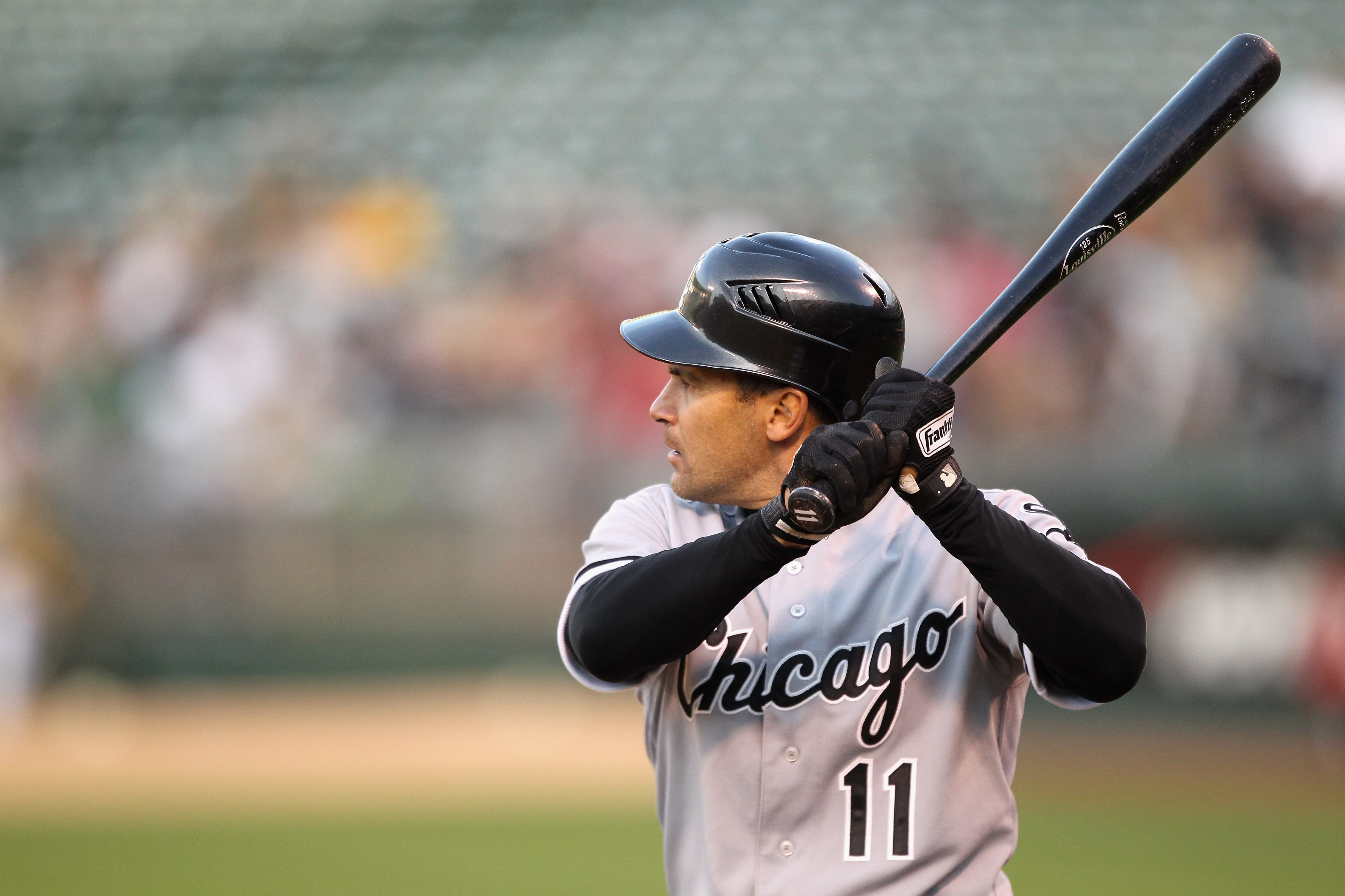 OAKLAND, CA - MAY 13:  Omar Vizquel #11 of the Chicago White Sox at bat against the Oakland Athletics at Oakland-Alameda County Coliseum on May 13, 2011 in Oakland, California.  (Photo by Ezra Shaw/Getty Images)