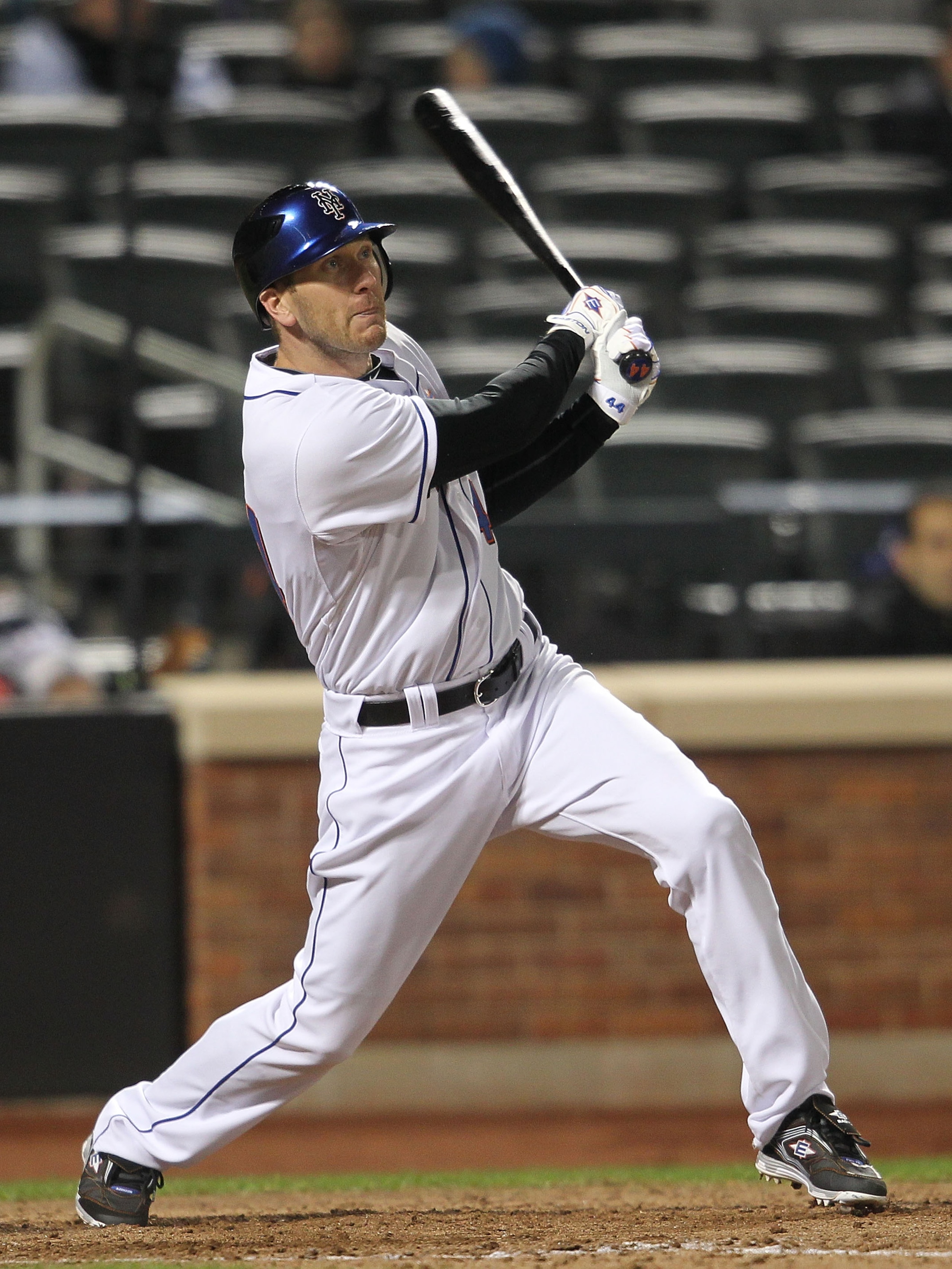 NEW YORK, NY - APRIL 21:  Jason Bay #44 of the New York Mets hits an inside the park home run in the eighth inning against the Houston Astros at Citi Field on April 21, 2011 in the Flushing neighborhood of the Queens borough of New York City.  (Photo by N