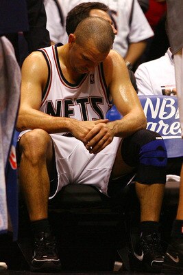 EAST RUTHERFORD, NJ - MAY 18:  Jason Kidd #5 of the New Jersey Nets sits on the bench towards the end of the game against the Cleveland Cavaliers during Game Six of the Eastern Conference Semifinals during the 2007 NBA Playoffs on May 18, 2007 at the Cont