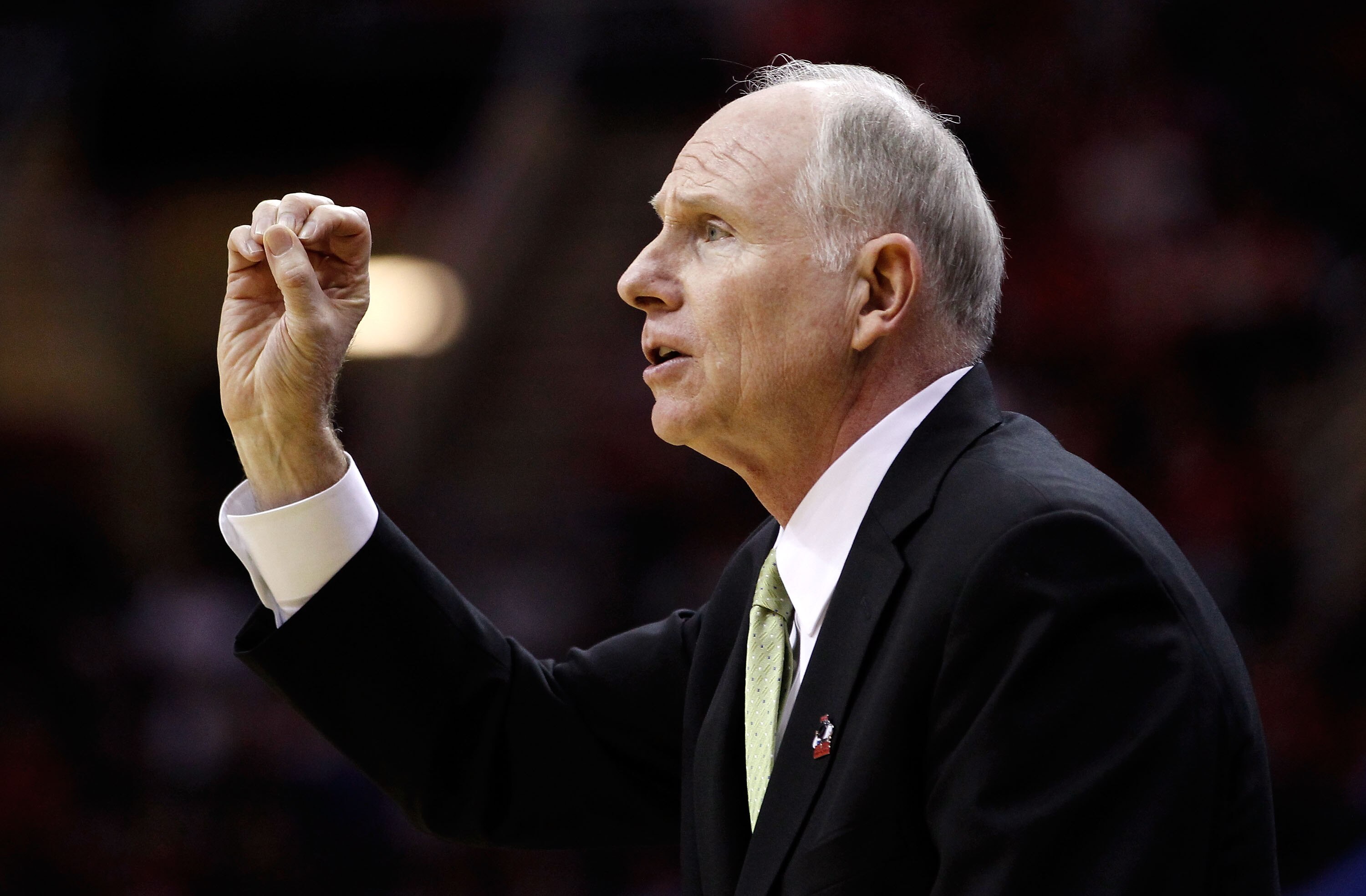 CLEVELAND, OH - MARCH 20: Head coach Jim Larranaga of the George Mason Patriots gestures from the bench during the first half against the Ohio State Buckeyes during the third of the 2011 NCAA men's basketball tournament at Quicken Loans Arena on March 20,