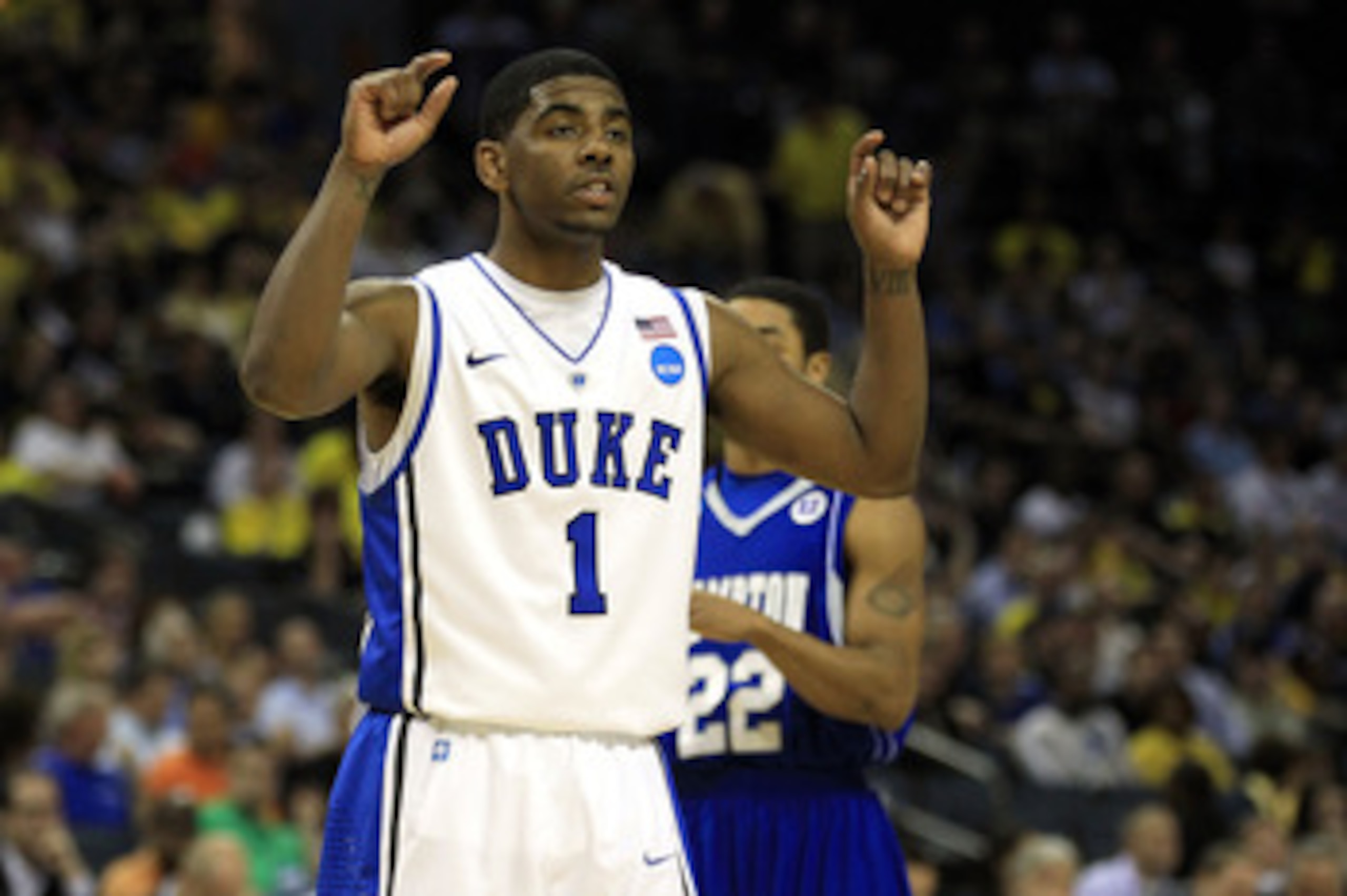 CHARLOTTE, NC - MARCH 18:  Kyrie Irving #1 of the Duke Blue Devils looks on while taking on the Hampton Pirates during the second round of the 2011 NCAA men's basketball tournament at Time Warner Cable Arena on March 18, 2011 in Charlotte, North Carolina.