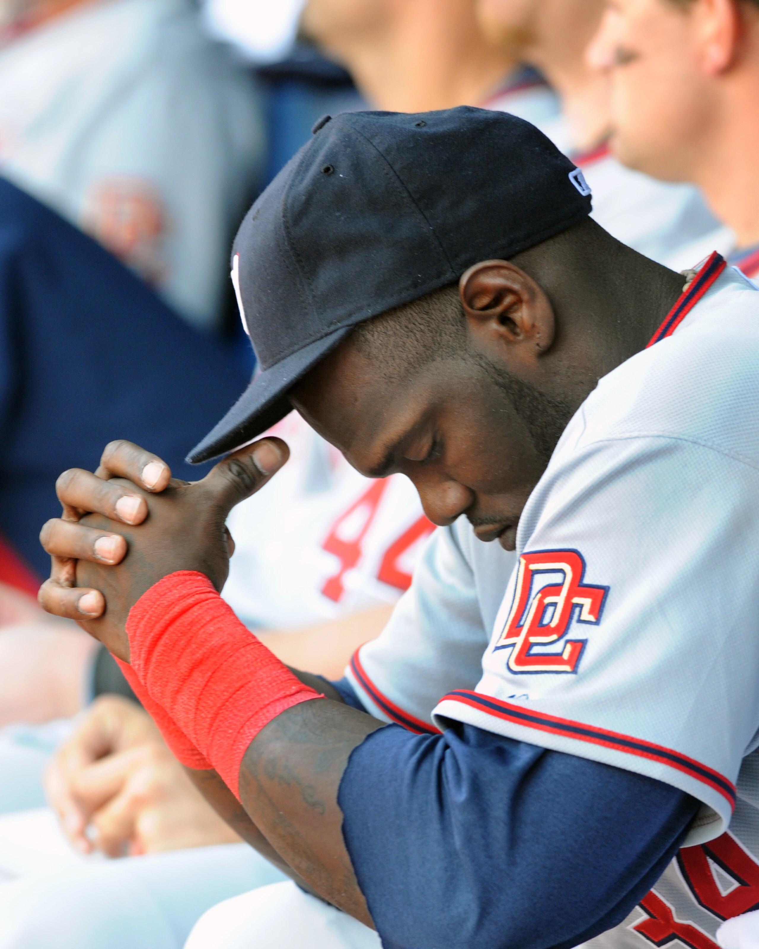 ATLANTA - APRIL 12: Outfielder Elijah Dukes #34 of the Washington Nationals ponders three loses against the Atlanta Braves April 12, 2009 at Turner Field in Atlanta, Georgia.  (Photo by Al Messerschmidt/Getty Images)