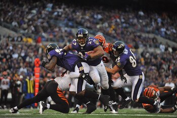 BALTIMORE, MD - JANUARY 2:  Ray Rice #27 of the Baltimore Ravens scores his team's only touchdown against the Cincinnati Bengals  at M&T Bank Stadium on January 2, 2011 in Baltimore, Maryland. The Ravens defeated the Bengals 13-6. (Photo by Larry French/G