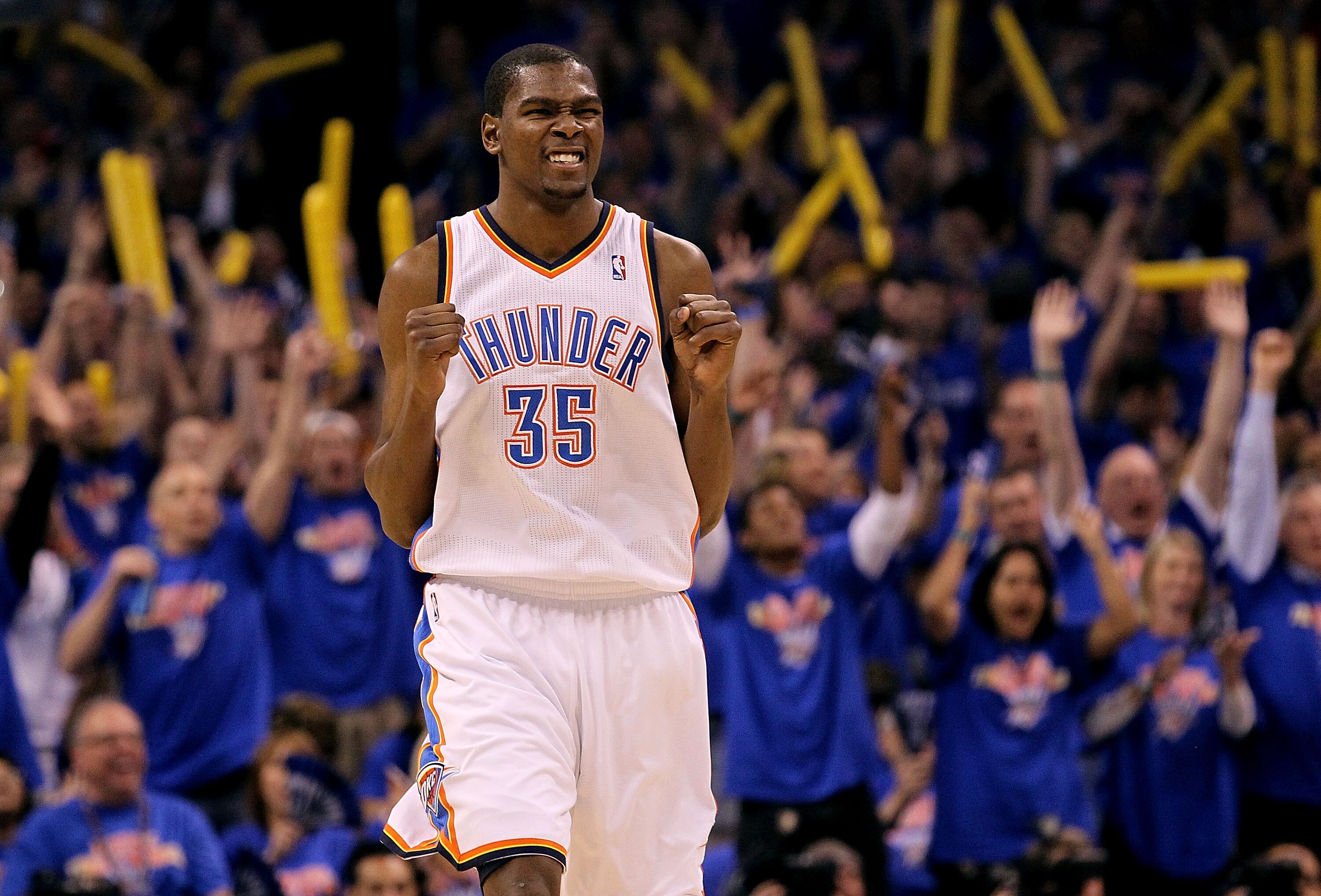 OKLAHOMA CITY, OK - MAY 15:  Forward Kevin Durant #35 of the Oklahoma City Thunder reacts against the Memphis Grizzlies in Game Seven of the Western Conference Semifinals in the 2011 NBA Playoffs on May 15, 2011 at Oklahoma City Arena in Oklahoma City, Ok