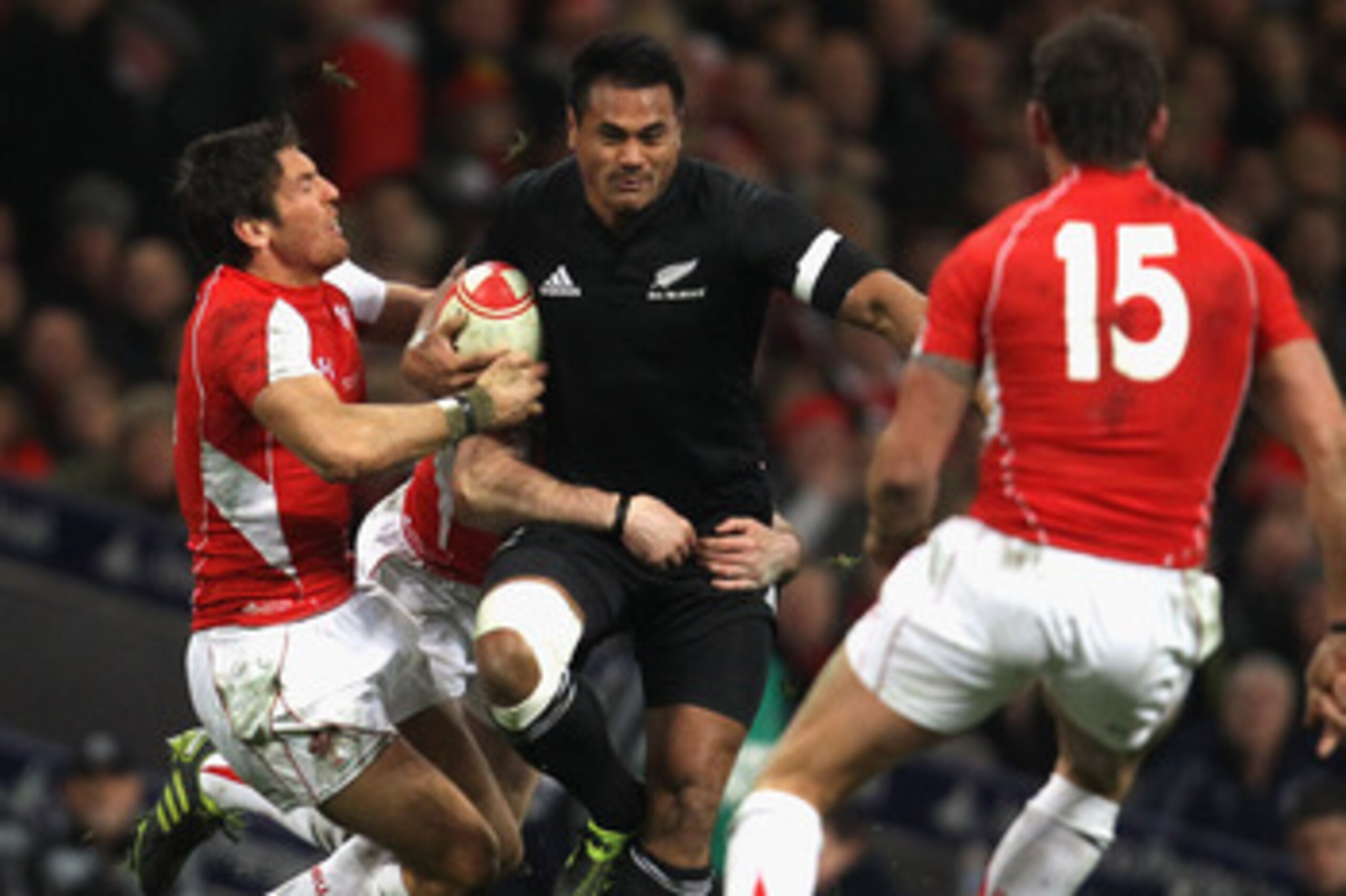 CARDIFF, WALES - NOVEMBER 27:  Isaia Toeava of the All Blacks breaks through the Wales defence during the Test match between Wales and the New Zealand All Blacks at Millennium Stadium on November 27, 2010 in Cardiff, Wales.  (Photo by Phil Walter/Getty Im