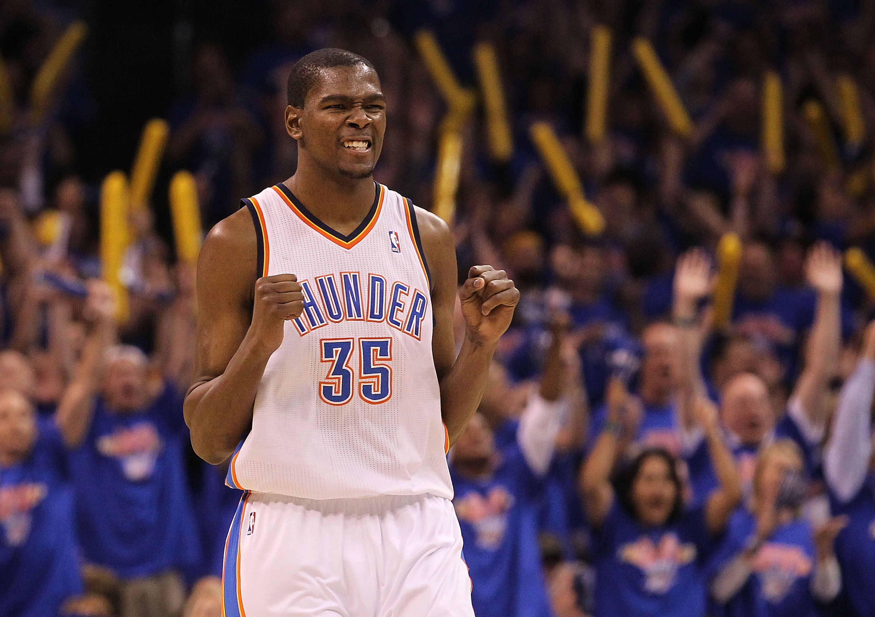 OKLAHOMA CITY, OK - MAY 15:  Forward Kevin Durant #35 of the Oklahoma City Thunder reacts against the Memphis Grizzlies in Game Seven of the Western Conference Semifinals in the 2011 NBA Playoffs on May 15, 2011 at Oklahoma City Arena in Oklahoma City, Ok