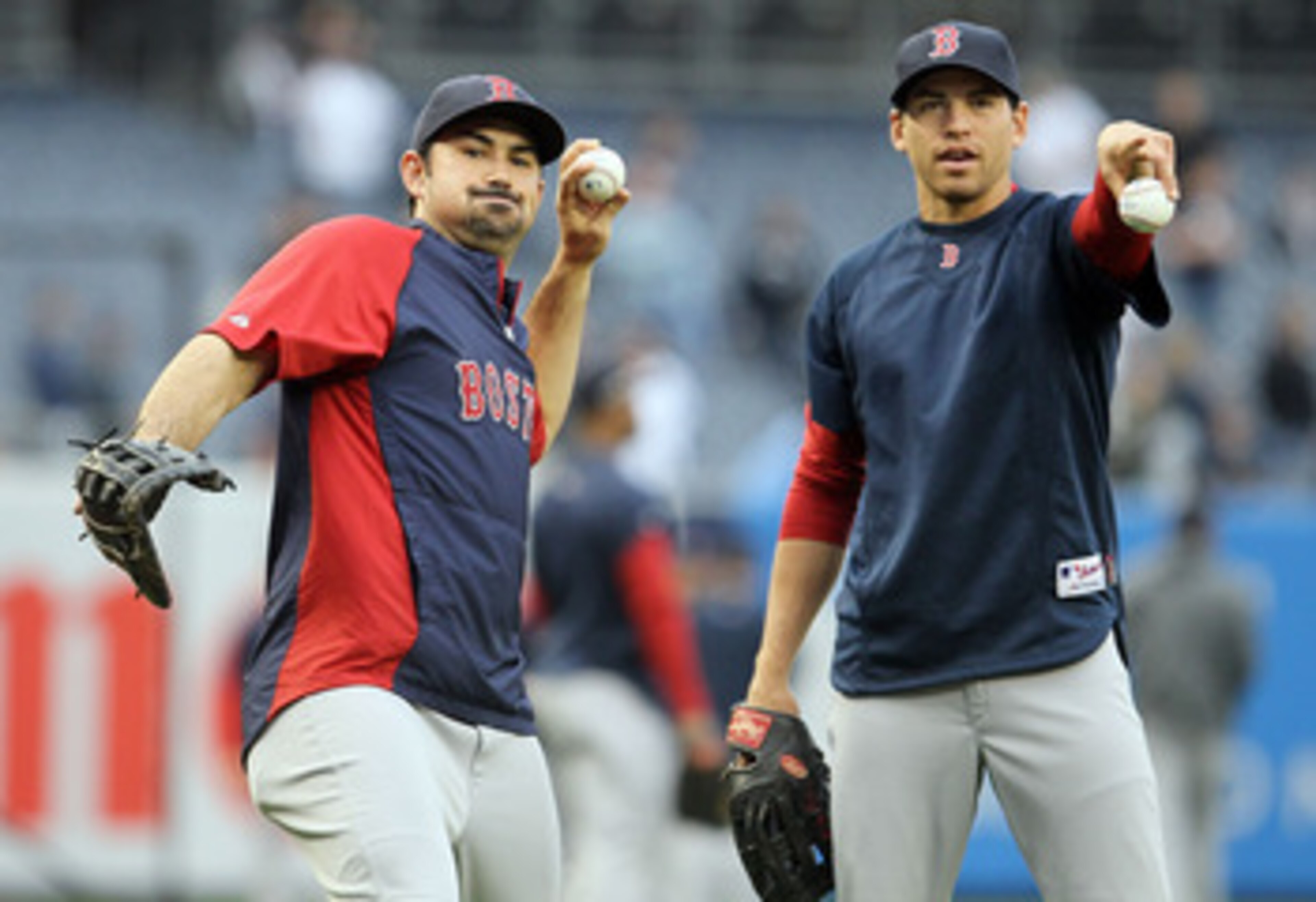 NEW YORK, NY - MAY 14:  Adrian Gonzalez #28 (L) and Jacoby Ellsbury #2 of the Boston Red Sox warm up before playing the New York Yankees on May 14, 2011 at Yankee Stadium in the Bronx borough of New York City.  (Photo by Jim McIsaac/Getty Images)