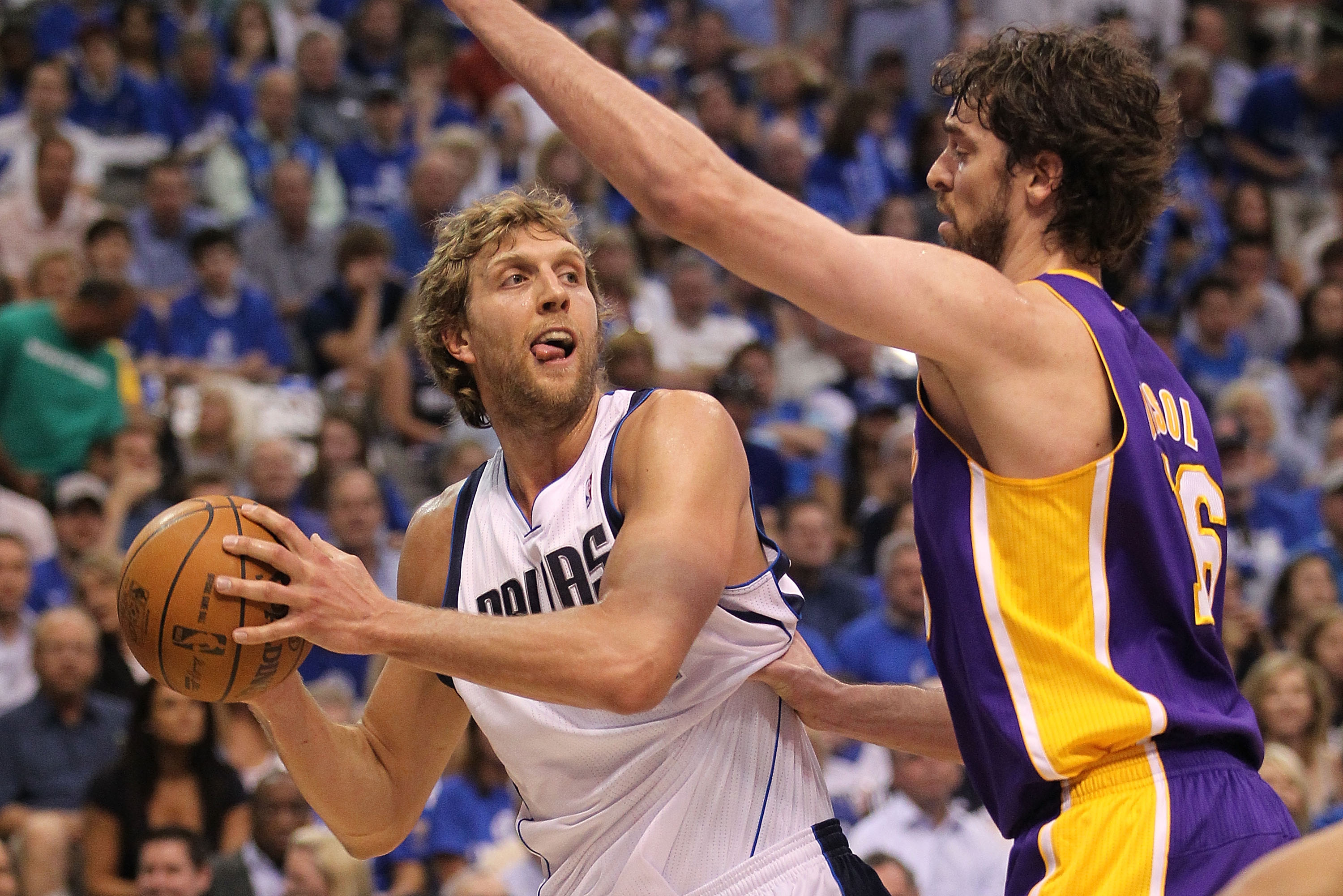 DALLAS, TX - MAY 08:  Forward Dirk Nowitzki #41 of the Dallas Mavericks looks to pass against Pau Gasol #16 of the Los Angeles Lakers in Game Four of the Western Conference Semifinals during the 2011 NBA Playoffs on May 8, 2011 at American Airlines Center