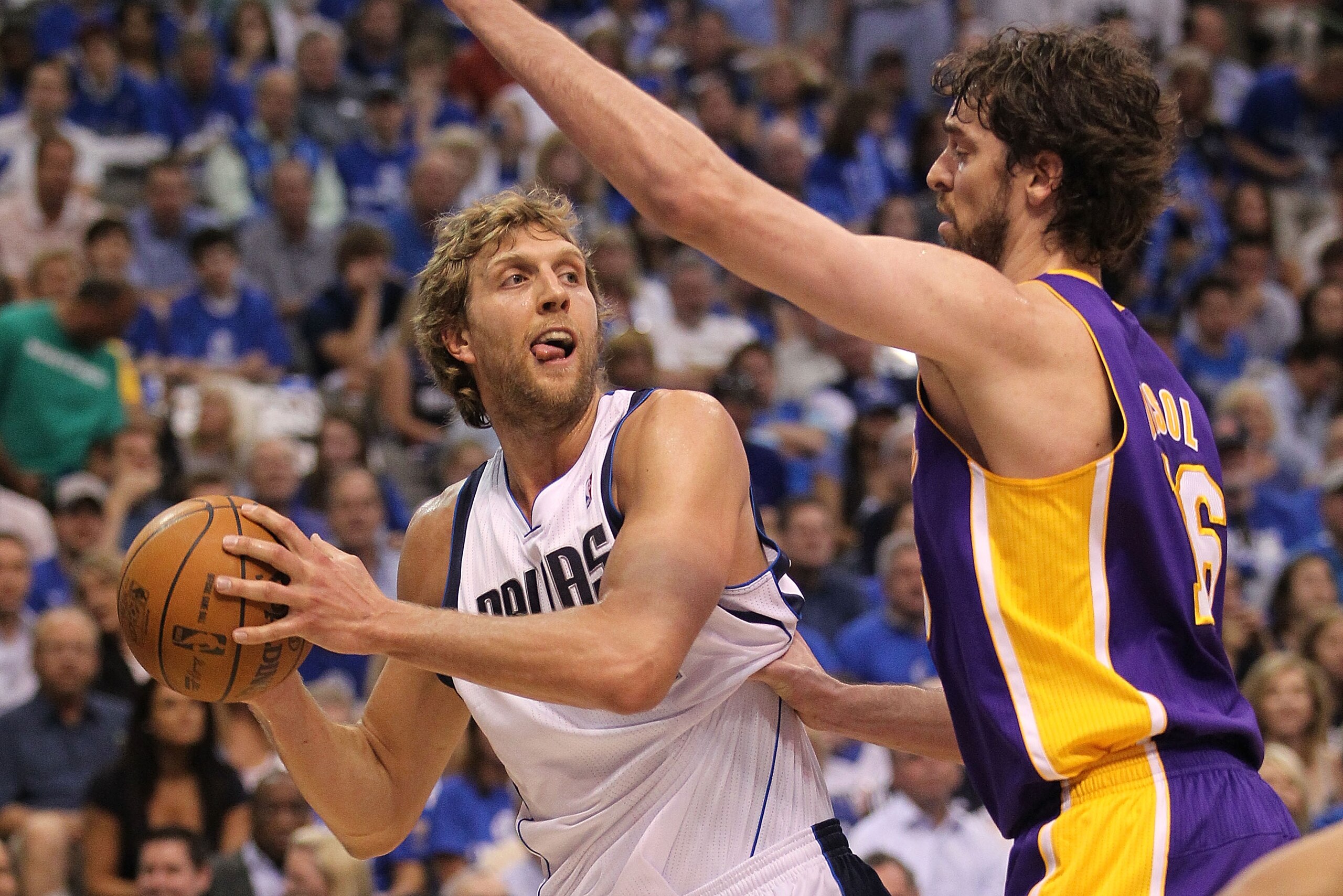DALLAS, TX - MAY 08:  Forward Dirk Nowitzki #41 of the Dallas Mavericks looks to pass against Pau Gasol #16 of the Los Angeles Lakers in Game Four of the Western Conference Semifinals during the 2011 NBA Playoffs on May 8, 2011 at American Airlines Center
