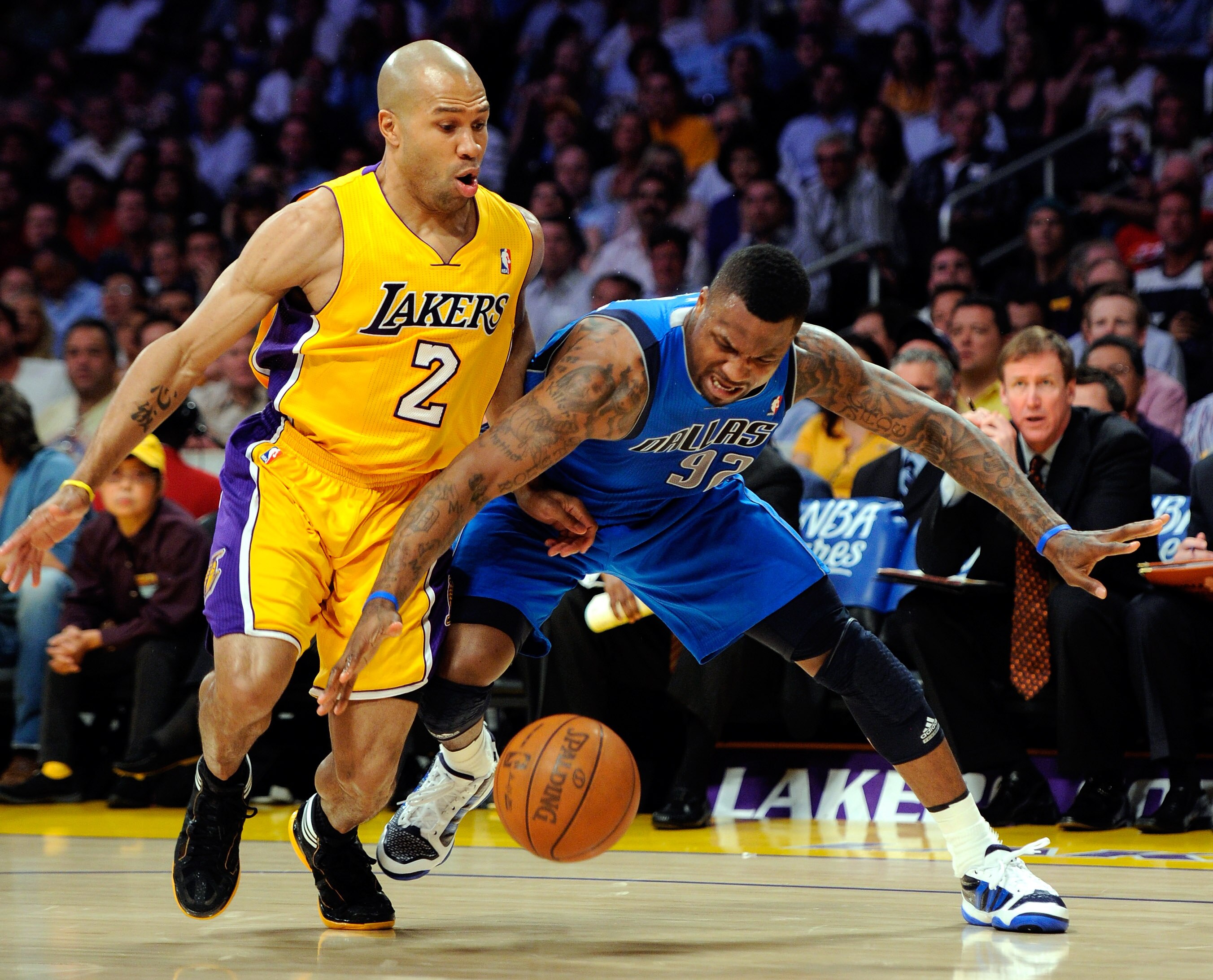 LOS ANGELES, CA - MAY 04:  DeShawn Stevenson #92 of the Dallas Mavericks boxes out Derek Fisher #2 of the Los Angeles Lakers from the ball in the first quarter in Game Two of the Western Conference Semifinals in the 2011 NBA Playoffs at Staples Center on