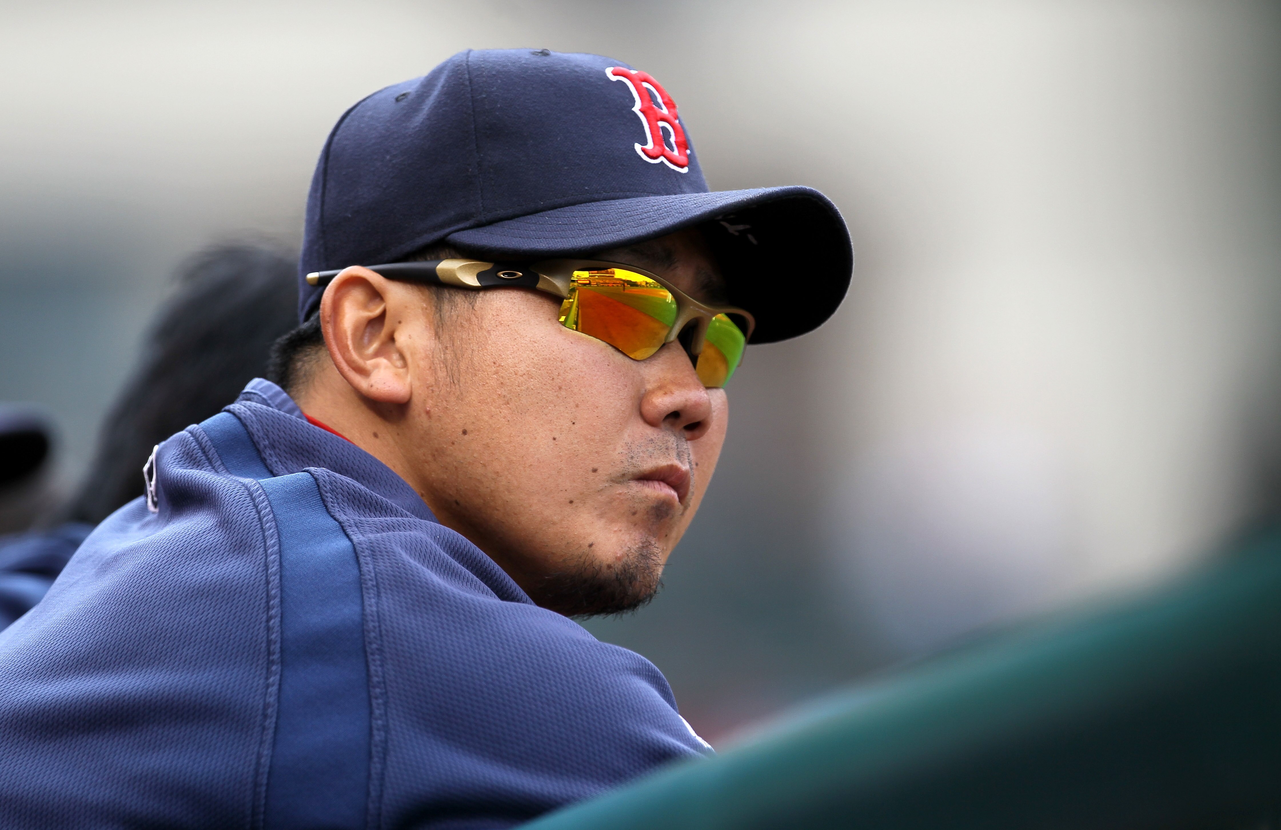ANAHEIM, CA - APRIL 24:  Pitcher Daisuke Matsuzaka  #28 of the Boston Red Sox watches the game with the Los Angeles Angels of Anaheim on April 24, 2011 at Angel Stadium in Anaheim, California.  The Red Sox won 7-0.  (Photo by Stephen Dunn/Getty Images)