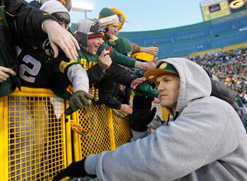 GREEN BAY, WI - FEBRUARY 08:  Green Bay Packers linebacker Clay Matthews slaps the hands of fans as he leaves the field after the Packers victory ceremony at Lambeau Field on February 8, 2011 in Green Bay, Wisconsin.  (Photo by Matt Ludtke/Getty Images)