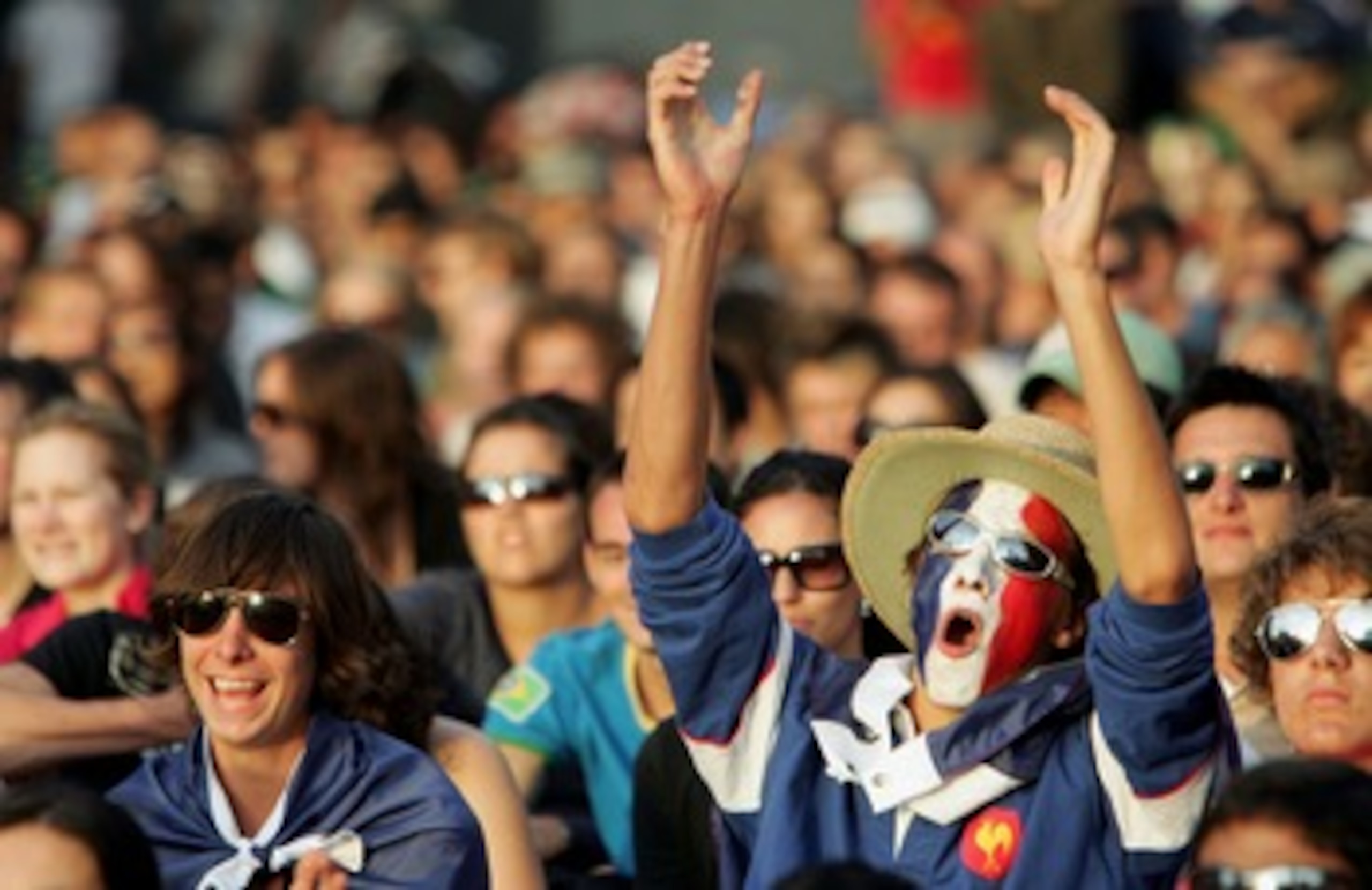 MELBOURNE, AUSTRALIA - JANUARY 27:  French fans show their support in Federation Square during the men's final match between Novak Djokovic of Serbia and Jo-Wilfried Tsonga of France on day fourteen of the Australian Open 2008 on January 27, 2008 in Melbo