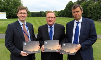 VIRGINIA WATER, ENGLAND - MAY 17: Richard Hills the Ryder Cup Director (centre with Edward Kitson the Europe ryder Cup Match Director right and Johnathan Smith The Chief Executive o fthe golf Environment Organisation after the press conference for the off