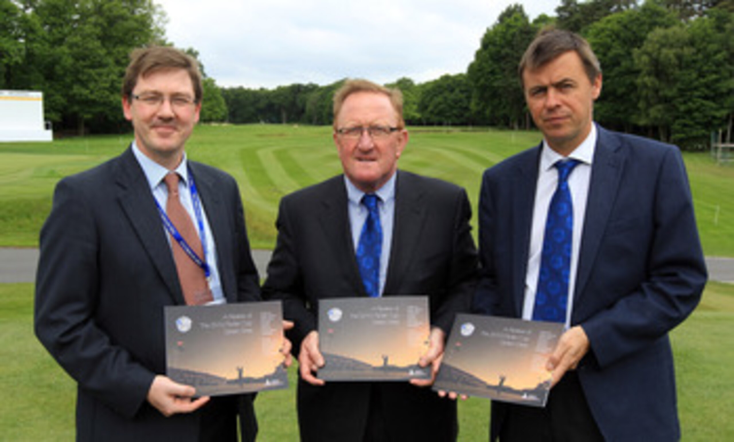 VIRGINIA WATER, ENGLAND - MAY 17: Richard Hills the Ryder Cup Director (centre with Edward Kitson the Europe ryder Cup Match Director right and Johnathan Smith The Chief Executive o fthe golf Environment Organisation after the press conference for the off