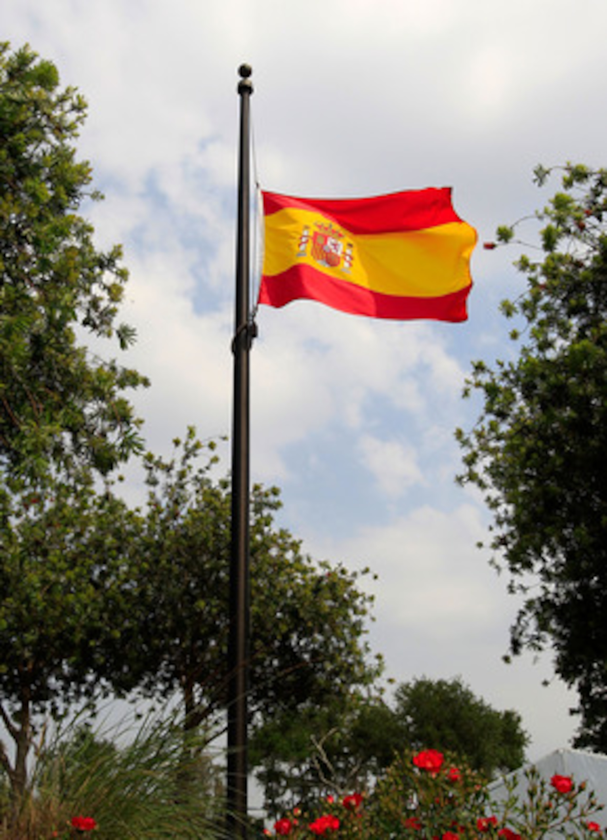 PONTE VEDRA BEACH, FL - MAY 11:  The flag of Spain flies at half-mast to commemorate the passing of golfer Seve Ballesteros as seen during a practice round prior to the start of THE PLAYERS Championship held at THE PLAYERS Stadium course at TPC Sawgrass o