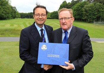 Richard Hills The Director of Ryder Cup Europe with Pascal Grizot the Chairman of the French Ryder Cup Bid after the press conference for the official announcement of the host venue for the 2018 Ryder Cup Golf National in Paris at teh wentworth Club on Ma