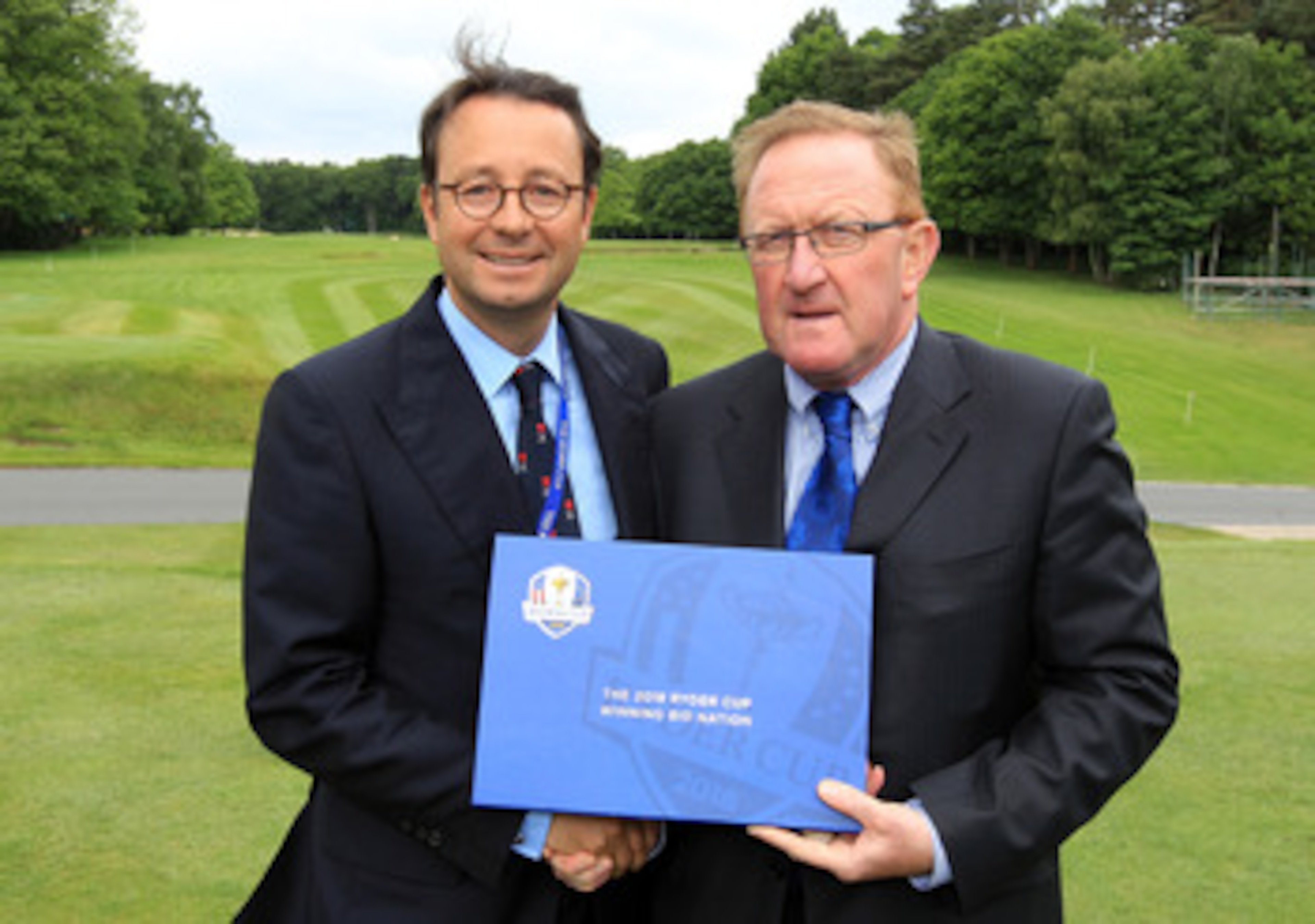 Richard Hills The Director of Ryder Cup Europe with Pascal Grizot the Chairman of the French Ryder Cup Bid after the press conference for the official announcement of the host venue for the 2018 Ryder Cup Golf National in Paris at teh wentworth Club on Ma