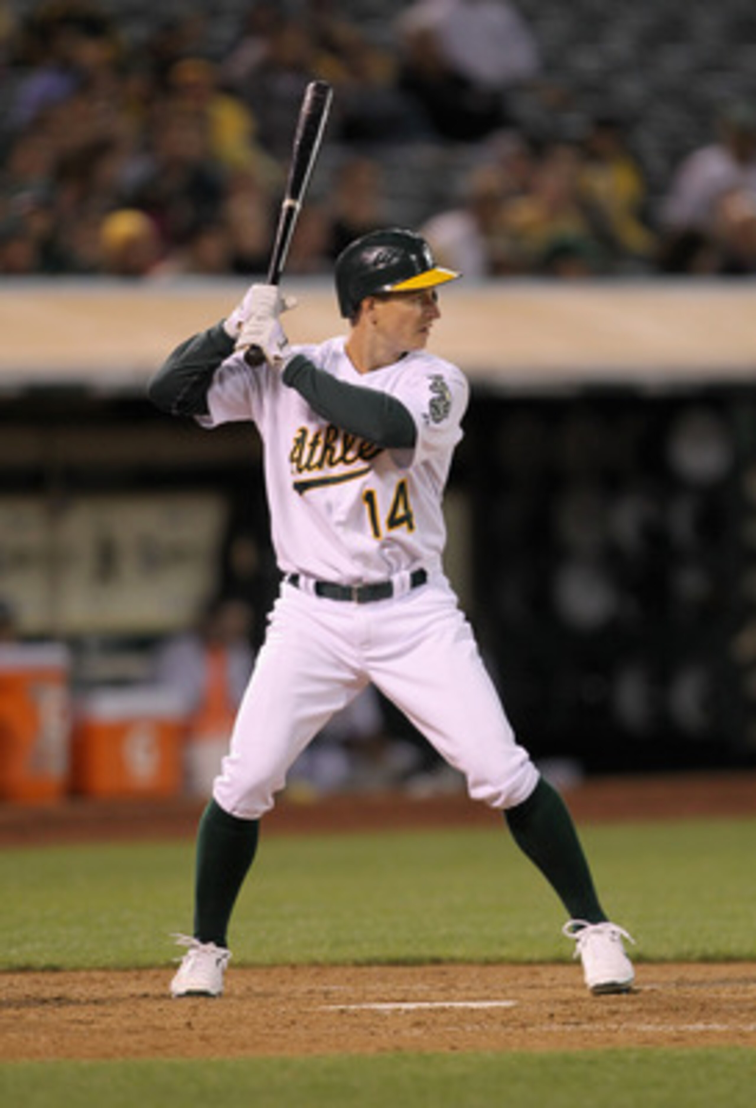 OAKLAND, CA - MAY 13:  Mark Ellis #14 of the Oakland Athletics at bat against the Chicago White Sox at Oakland-Alameda County Coliseum on May 13, 2011 in Oakland, California.  (Photo by Ezra Shaw/Getty Images)