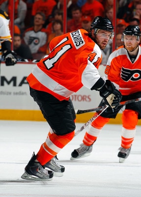 PHILADELPHIA, PA - MAY 02:  Andrej Meszaros #41 of the Philadelphia Flyers skates in Game Two of the Eastern Conference Semifinals against the Boston Bruins during the 2011 NHL Stanley Cup Playoffs at Wells Fargo Center on May 2, 2011 in Philadelphia, Pen