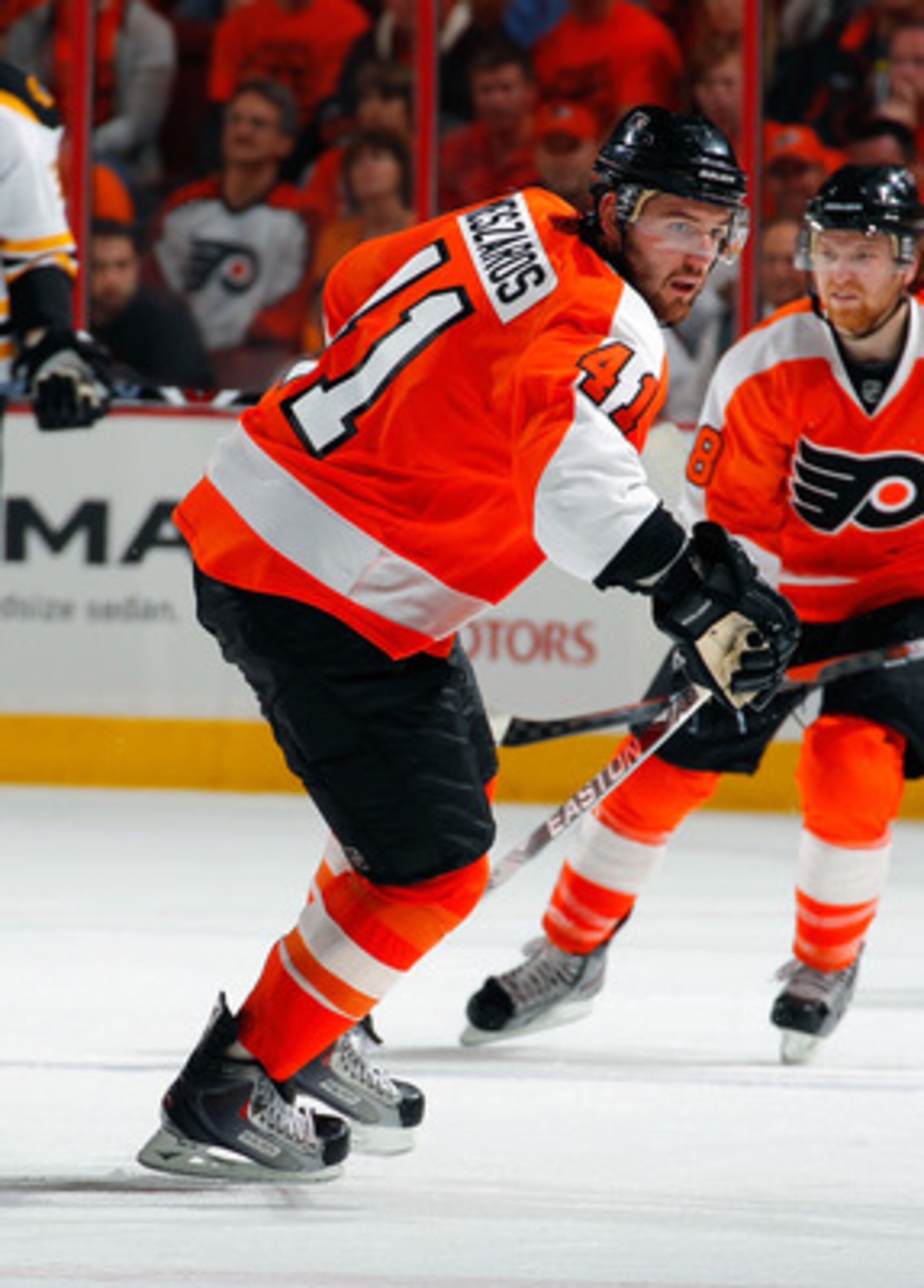 PHILADELPHIA, PA - MAY 02:  Andrej Meszaros #41 of the Philadelphia Flyers skates in Game Two of the Eastern Conference Semifinals against the Boston Bruins during the 2011 NHL Stanley Cup Playoffs at Wells Fargo Center on May 2, 2011 in Philadelphia, Pen
