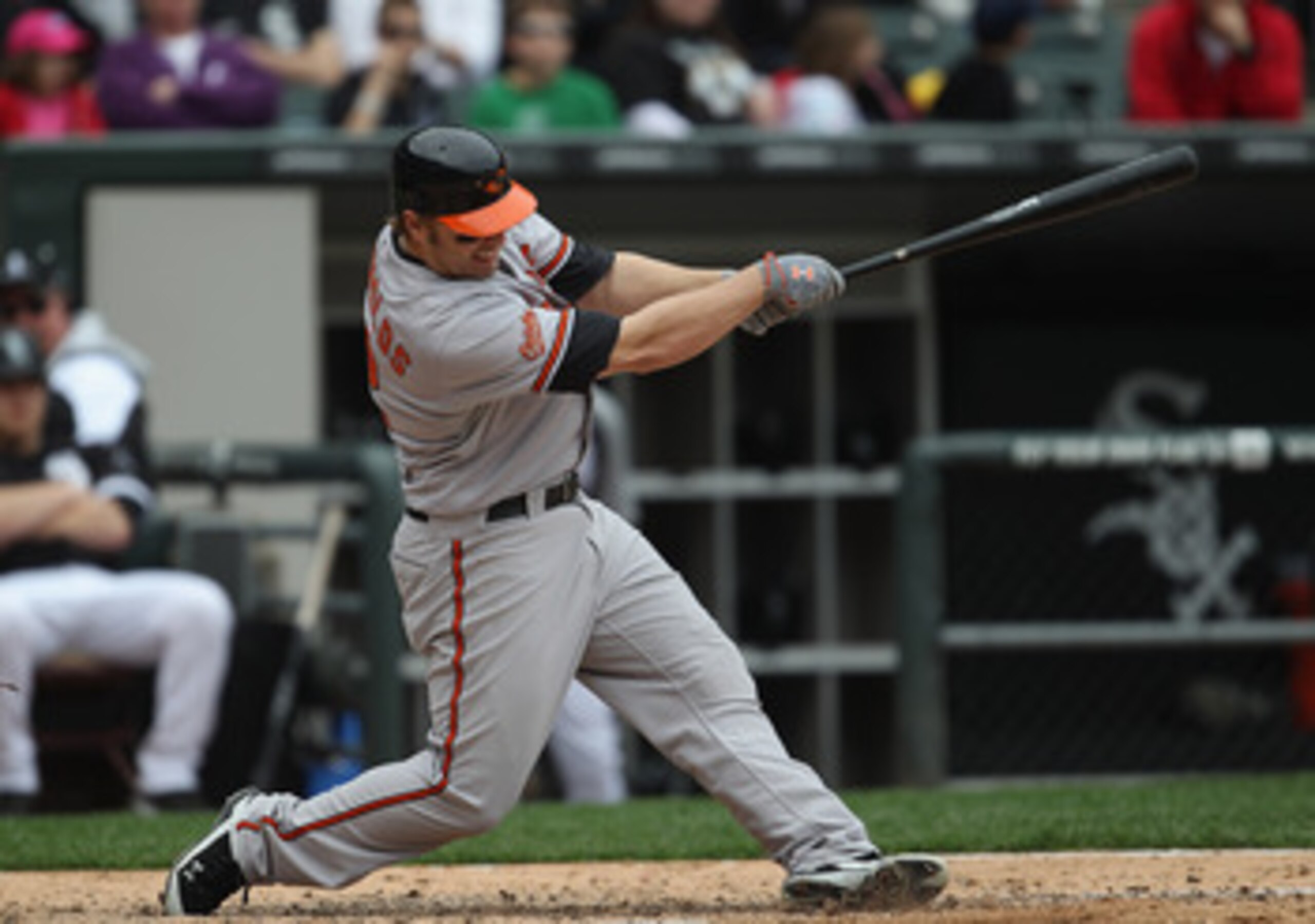 CHICAGO, IL - MAY 01: Mark Reynolds #12 of the Baltimore Orioles hits the ball against the Chicago White Sox at U.S. Cellular Field on May 1, 2011 in Chicago, Illinois. The Orioles defeated the White Sox 6-4. (Photo by Jonathan Daniel/Getty Images)