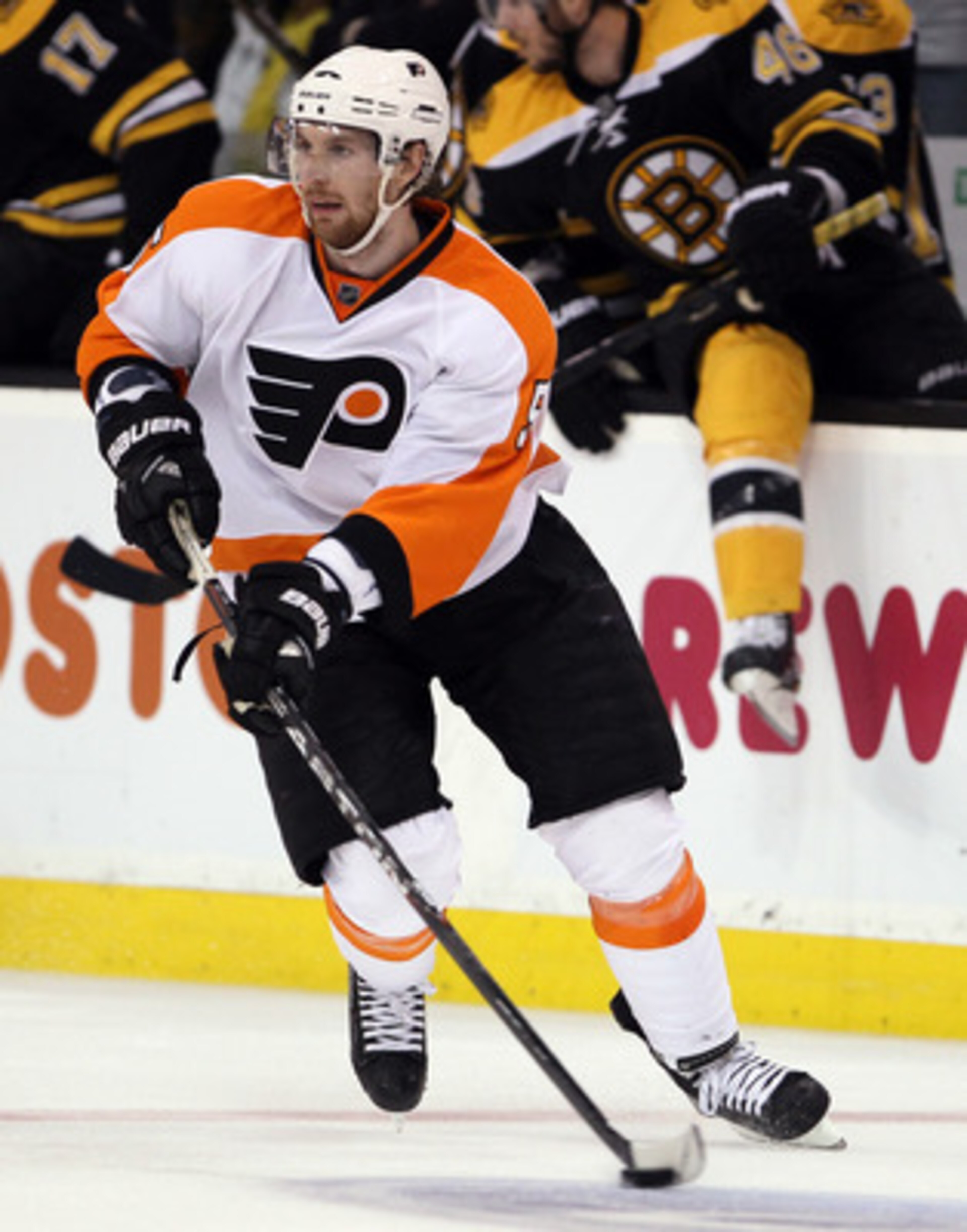 BOSTON, MA - MAY 06:  Braydon Coburn #5 of the Philadelphia Flyers passes the puck against the Boston Bruins in Game Four of the Eastern Conference Semifinals during the 2011 NHL Stanley Cup Playoffs at TD Garden on May 6, 2011 in Boston, Massachusetts. T
