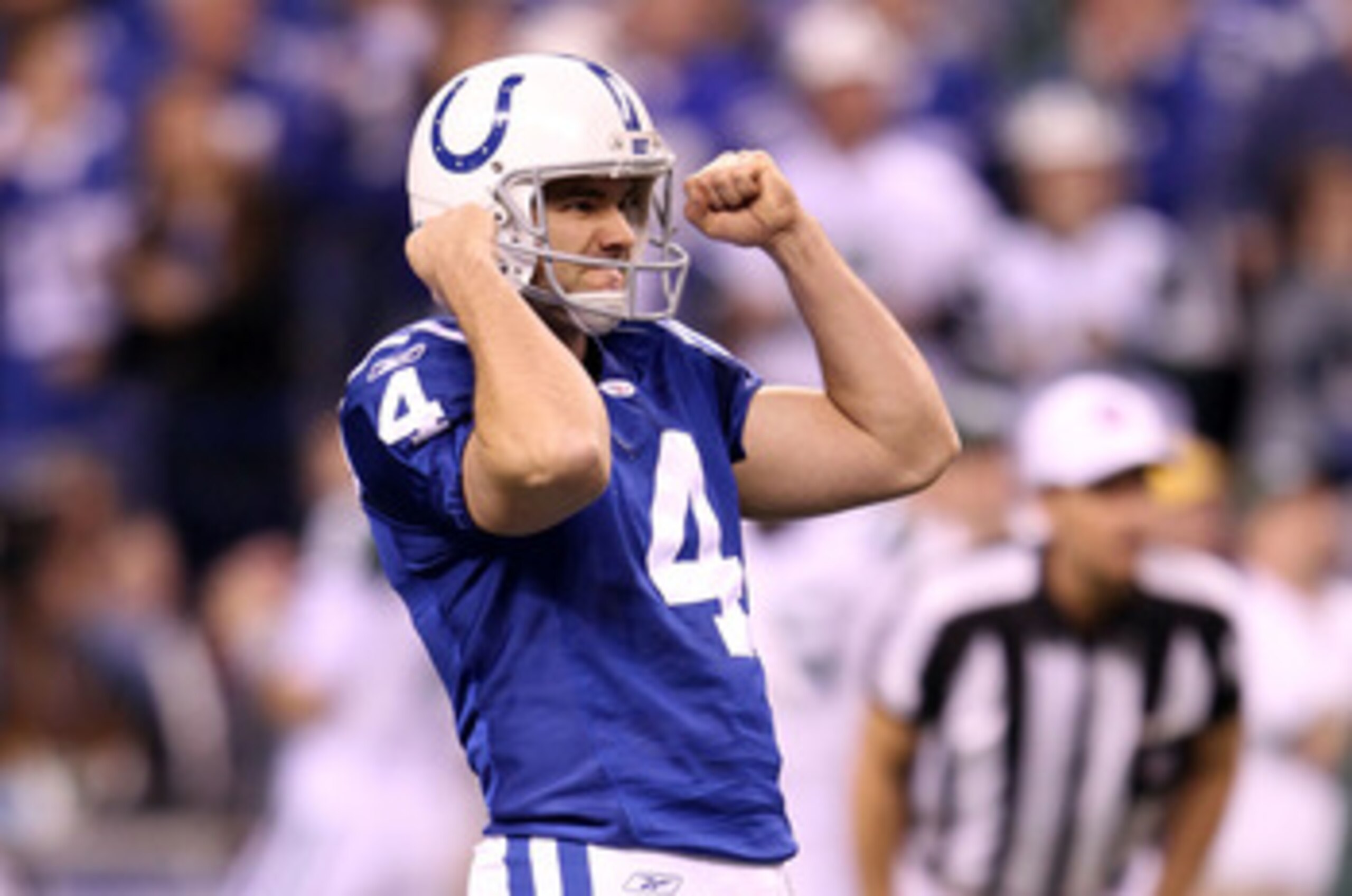 INDIANAPOLIS, IN - JANUARY 08:  Adam Vinatieri #4 of the Indianapolis Colts reacts after he kicked a successful 50-yard field goal in the fourth quarter against the New York Jets during their 2011 AFC wild card playoff game at Lucas Oil Stadium on January