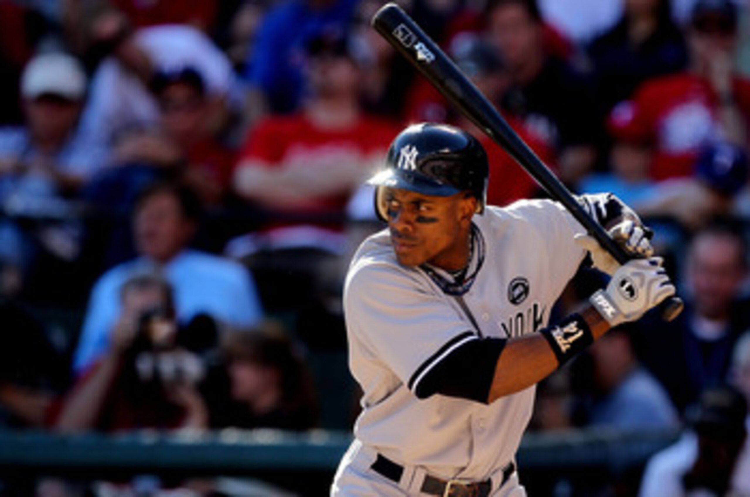 ARLINGTON, TX - OCTOBER 16:  Curtis Granderson #14 of the New York Yankees bats against the Texas Rangers in Game Two of the ALCS during the 2010 MLB Playoffs at Rangers Ballpark in Arlington on October 16, 2010 in Arlington, Texas.  (Photo by Stephen Dun